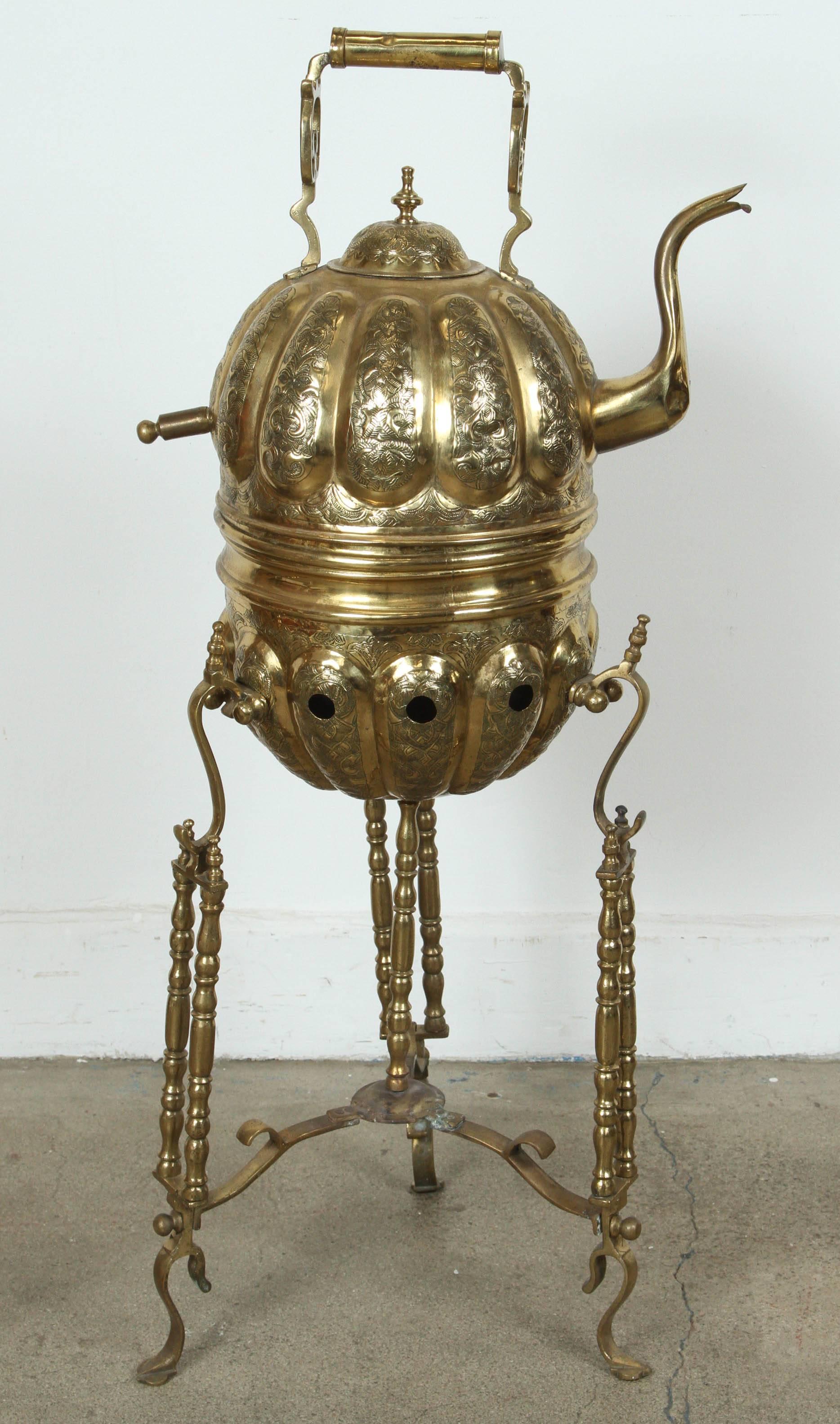 Repoussé Moroccan Brass Tea Kettle on Stand Handcrafted in Fez Morocco For Sale
