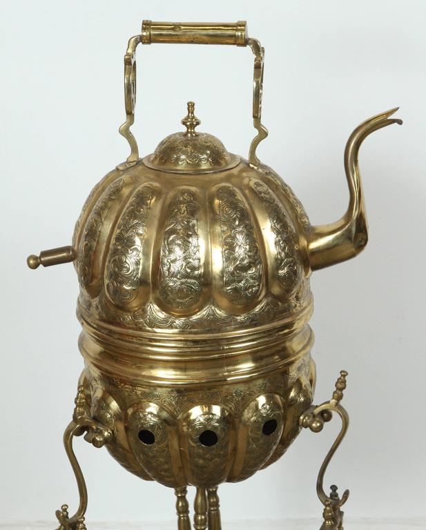 Moroccan Brass Tea Kettle on Stand Handcrafted in Fez Morocco For Sale