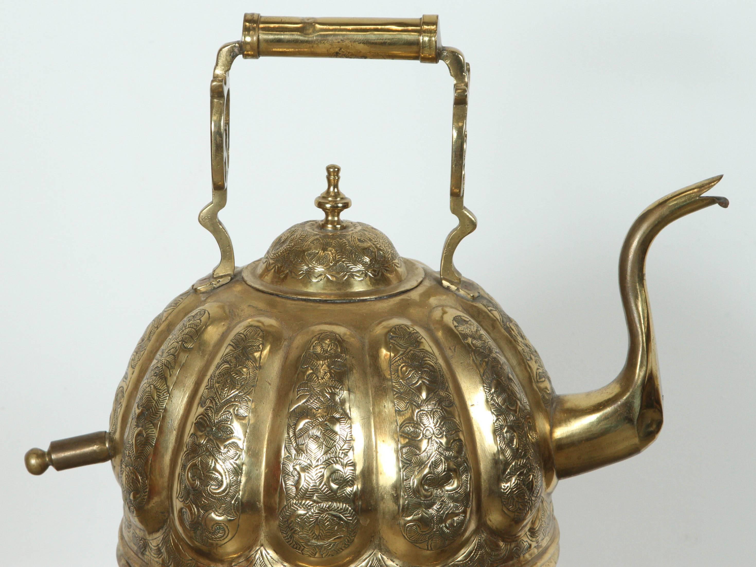 20th Century Moroccan Brass Tea Kettle on Stand Handcrafted in Fez Morocco For Sale