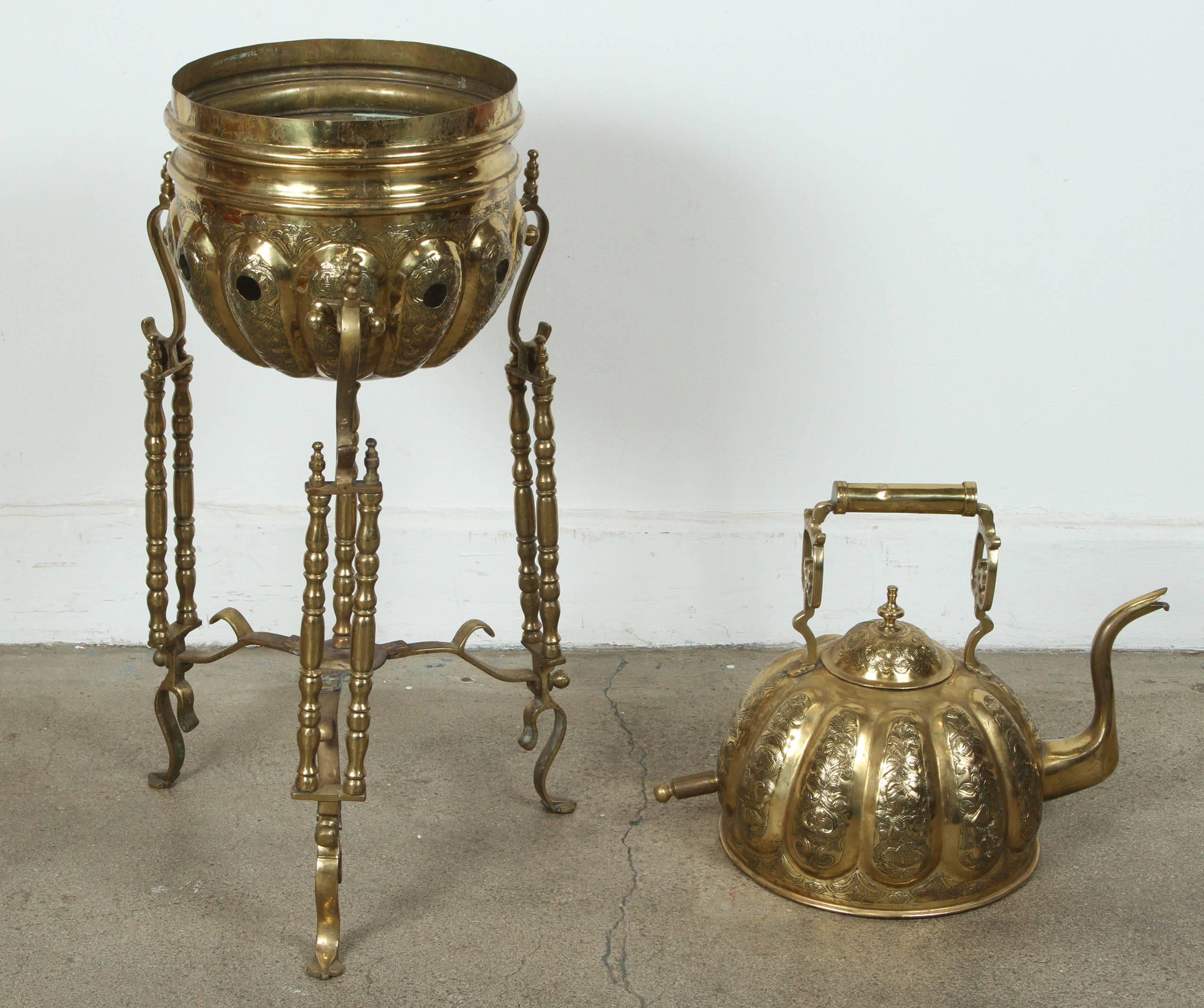 Moroccan Brass Tea Kettle on Stand Handcrafted in Fez Morocco For Sale 1