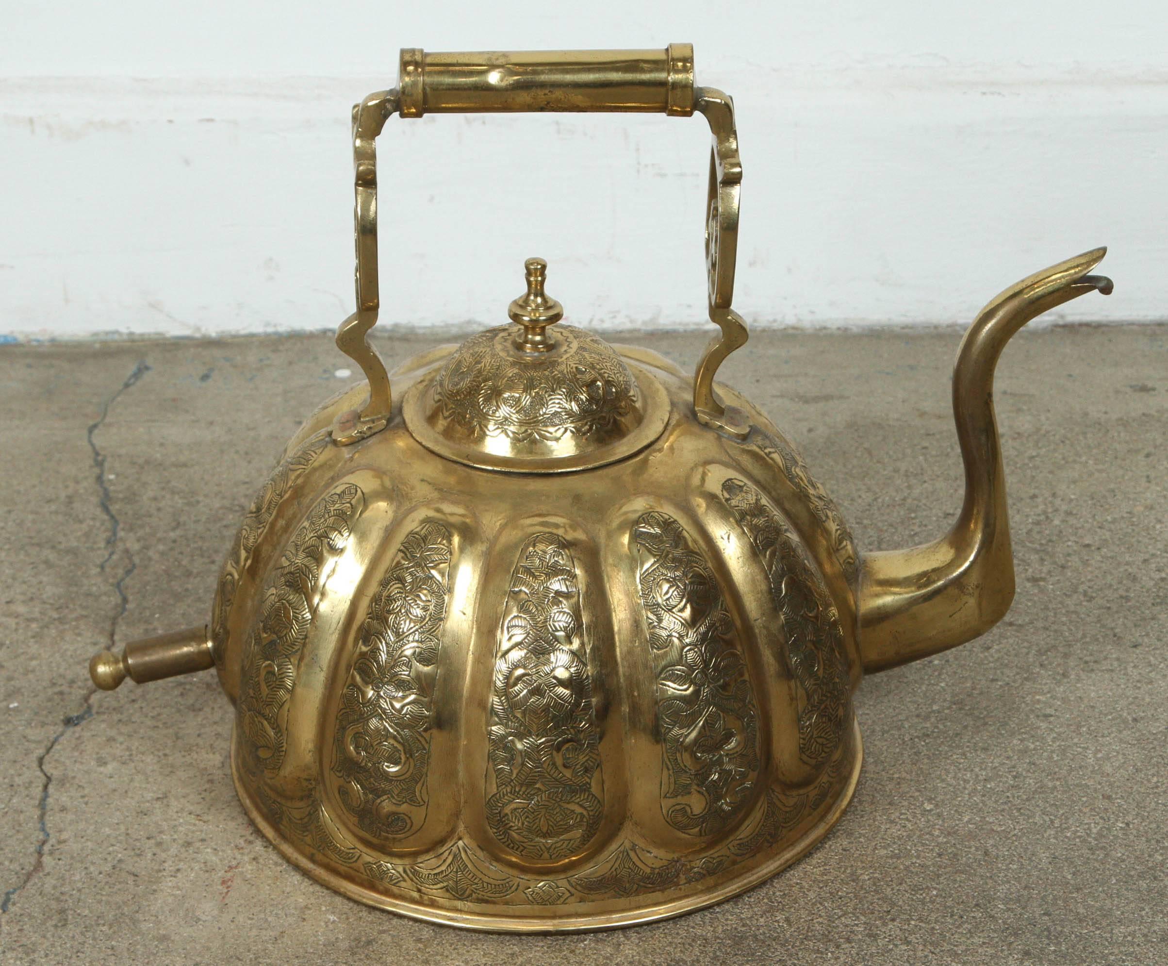 Moroccan Brass Tea Kettle on Stand Handcrafted in Fez Morocco For Sale 2