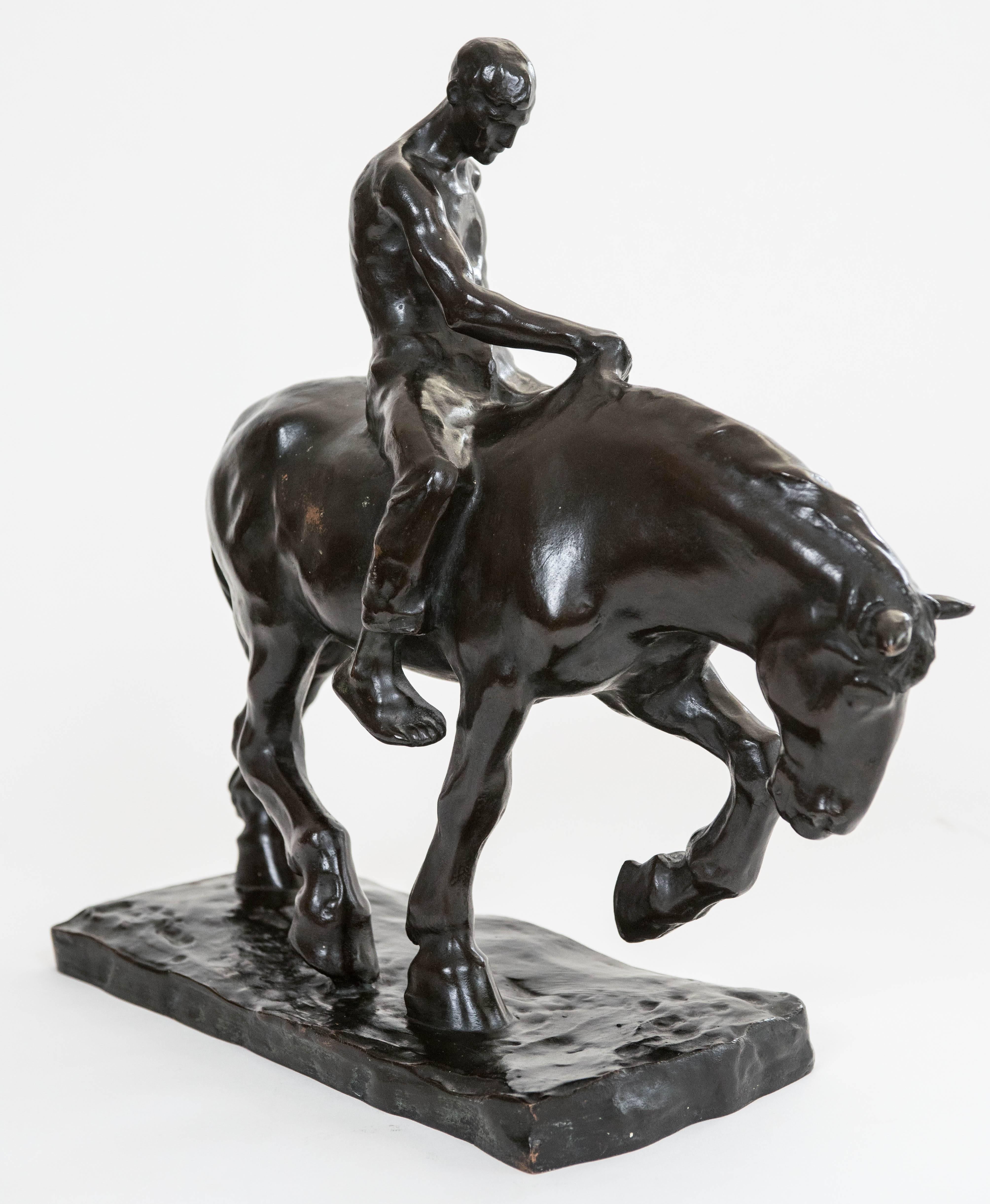 Julius Obst(1878-1939) is a 19 century German social realist sculptor.
''Cavalier'' is a bronze sculpture depicting a young man astride a working horse.
Signed.