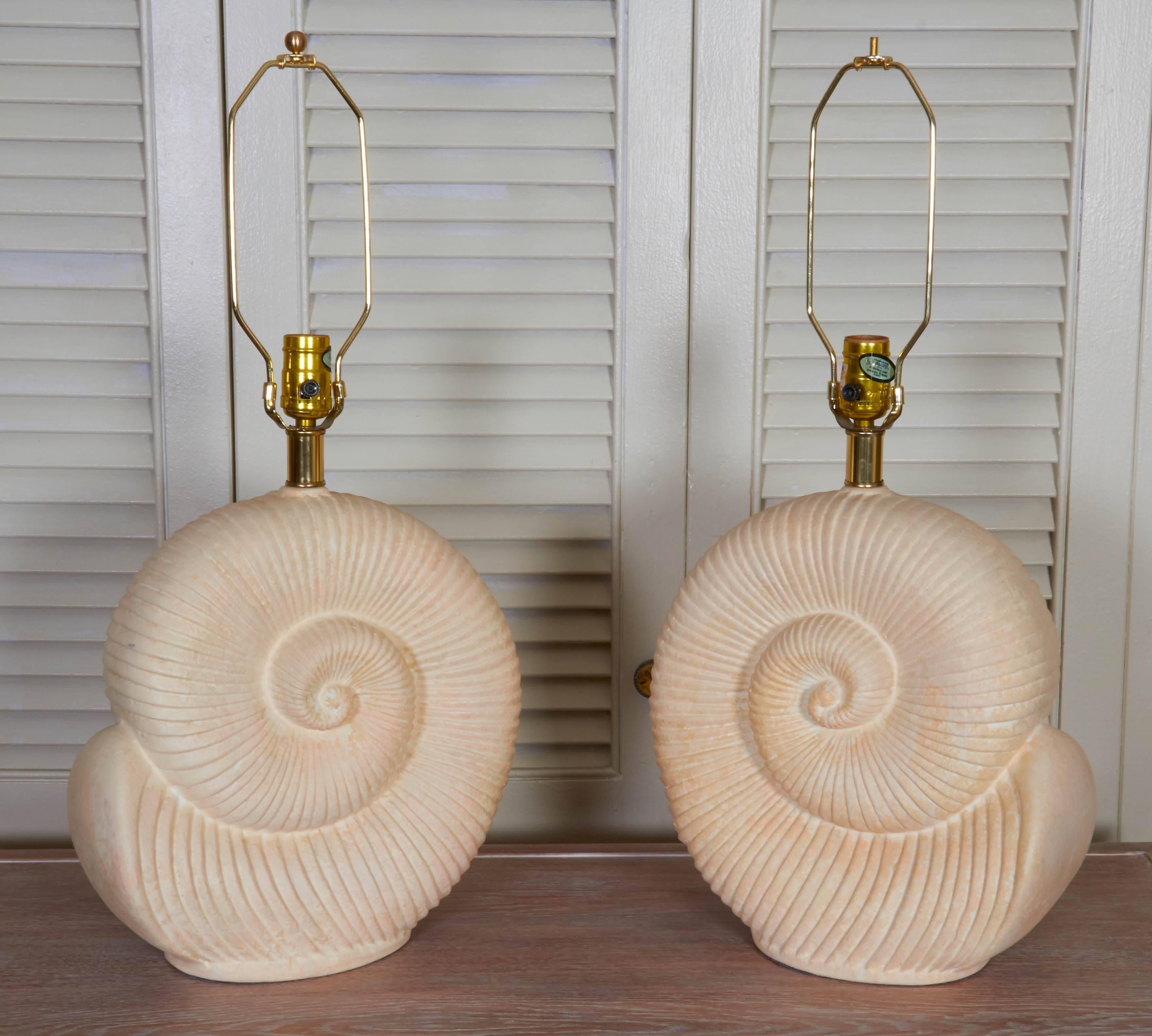Mid-Century Modern Pair of Plaster Nautilus Shell Lamps in the Style of Jean-Charles Moreux