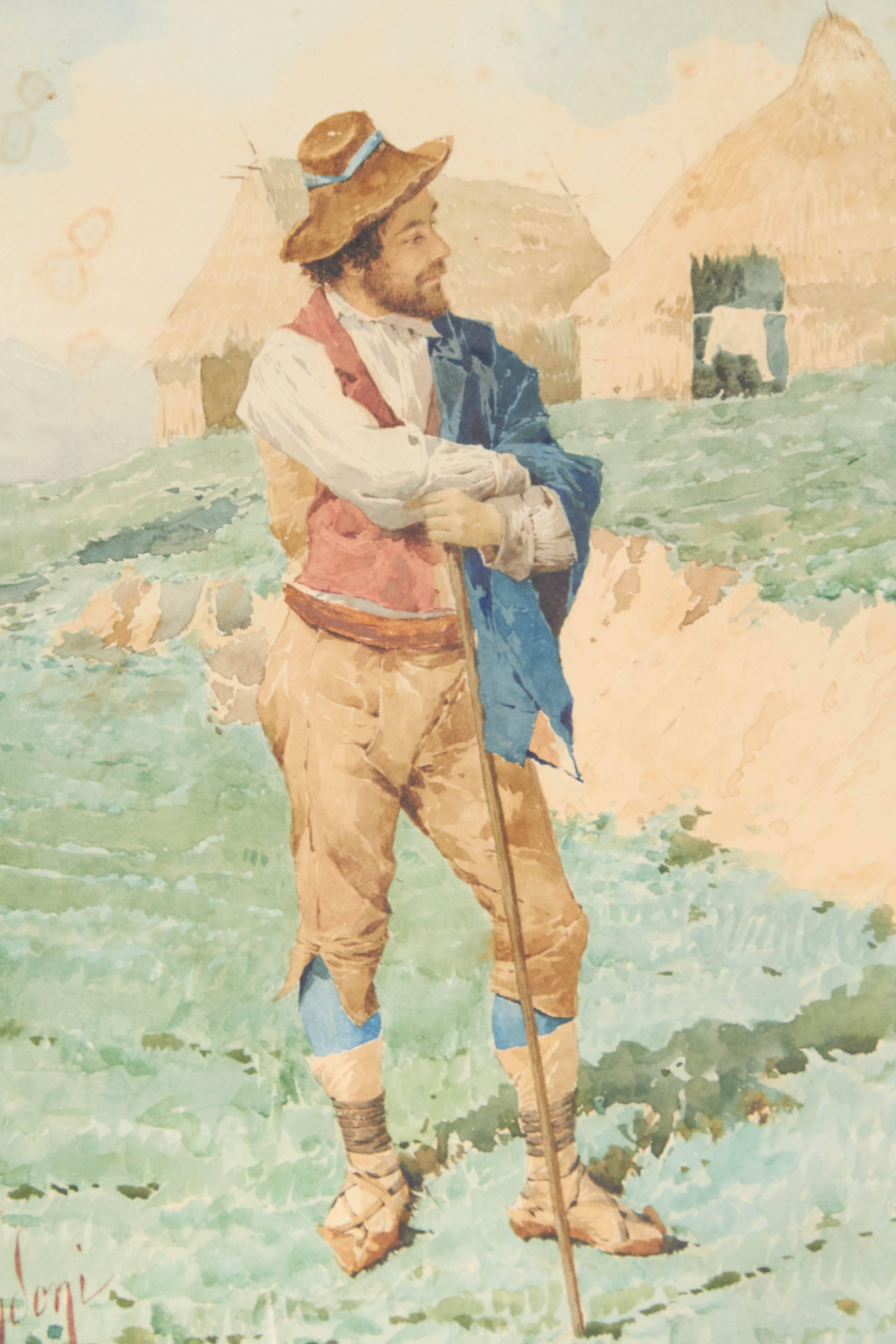 Italian Filippo Indoni Watercolor of Country Young Man