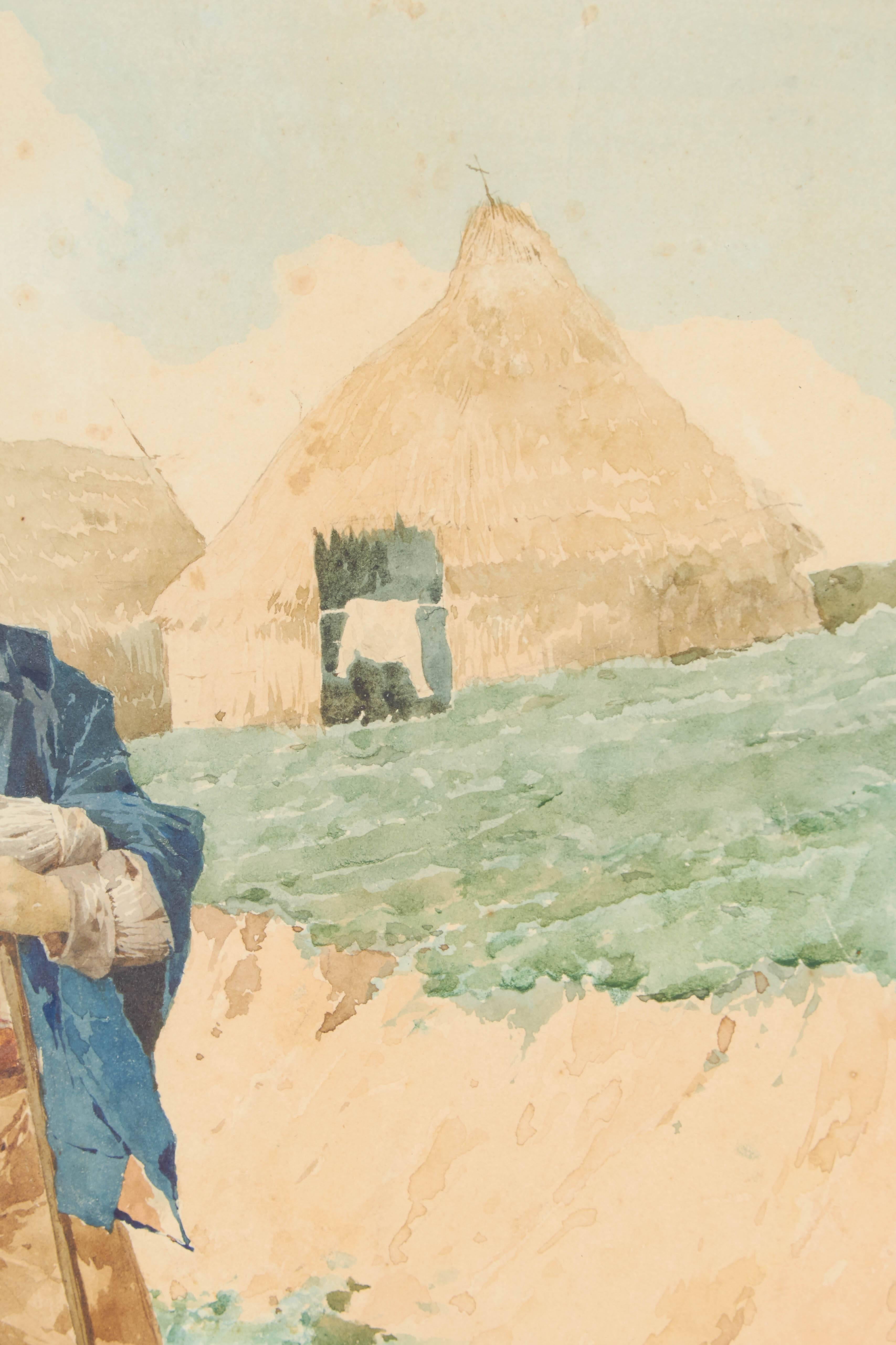 Filippo Indoni (1842-1908) Aquarelle d'un jeune homme campagnard avec un bâton de marche Bon état - En vente à Montclair, NY