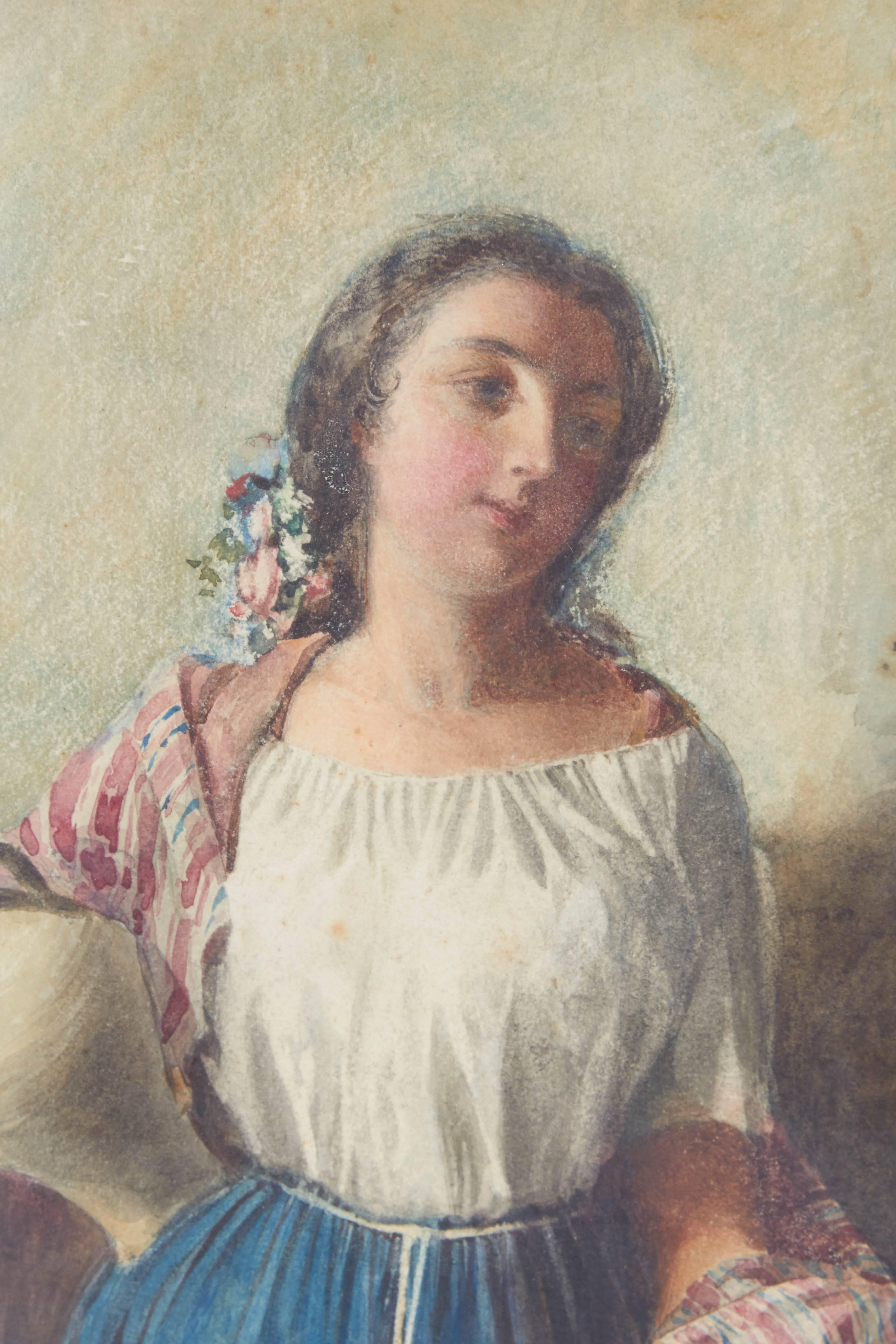 Ein romantisches Gouache-Aquarell einer schönen jungen Frau mit einem Krug an der Hüfte und einem Schal von dem italienischen Maler des 19. Jahrhunderts Arturo Faldi (1956-1911). Individueller blauer und vergoldeter Rahmen. Maße gerahmt 16