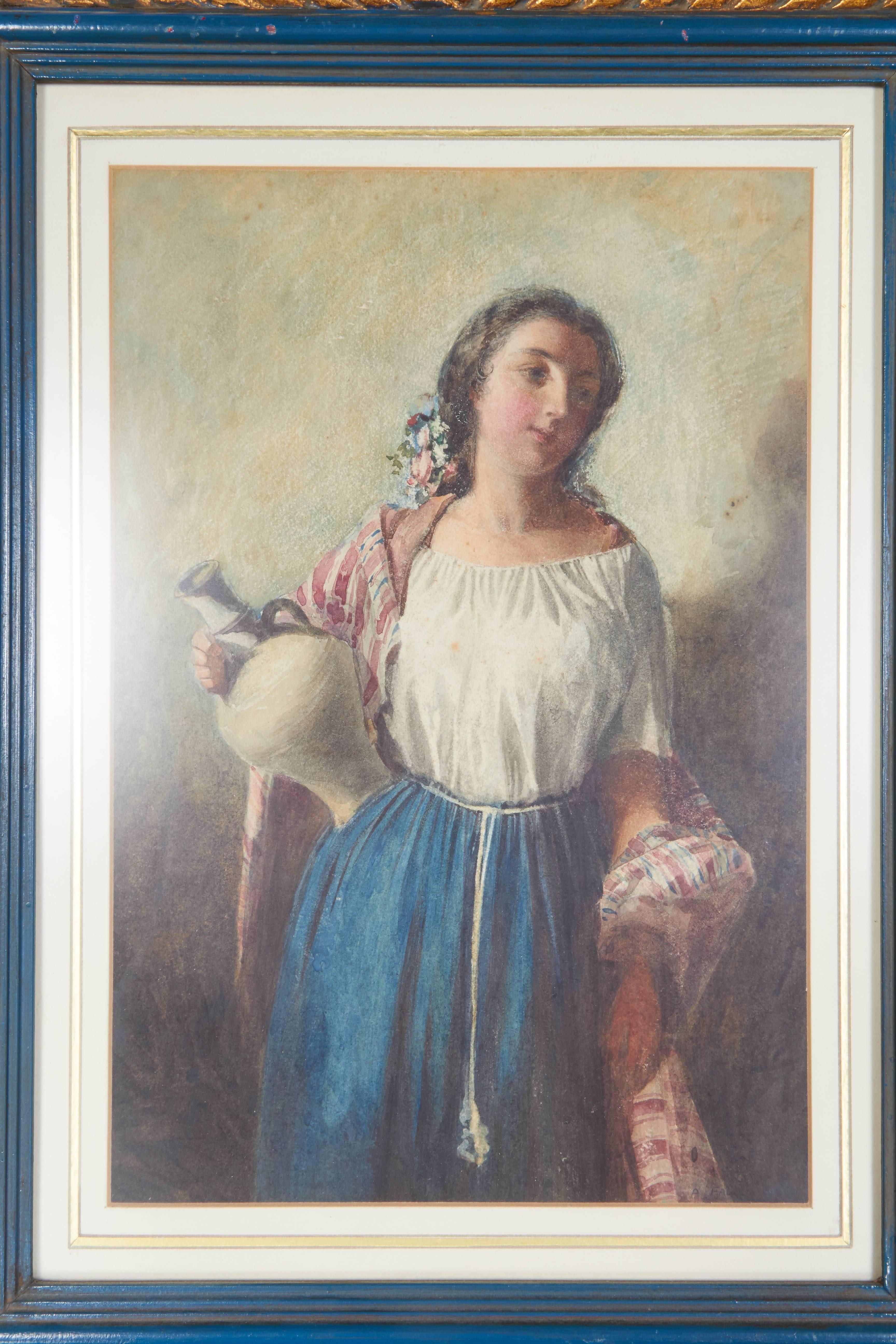 Painted Beautiful Young Woman with Jug by Arturo Faldi For Sale