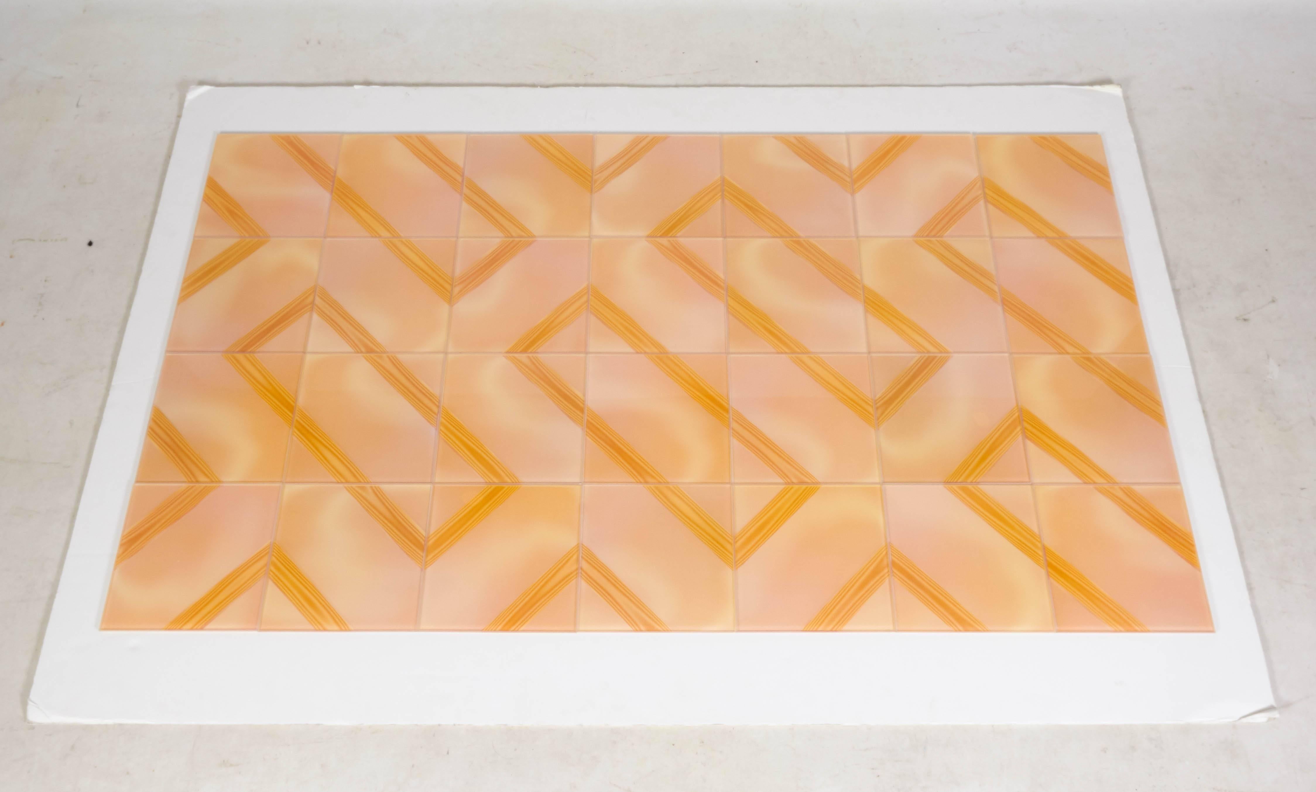A collection of new old stock vintage art glass wall tiles from Czechoslovakia, 1980s. Each tile has a wonderful optic effect and is infused with color and texture. When assembled the overall effect is playful and remarkable. There are a few