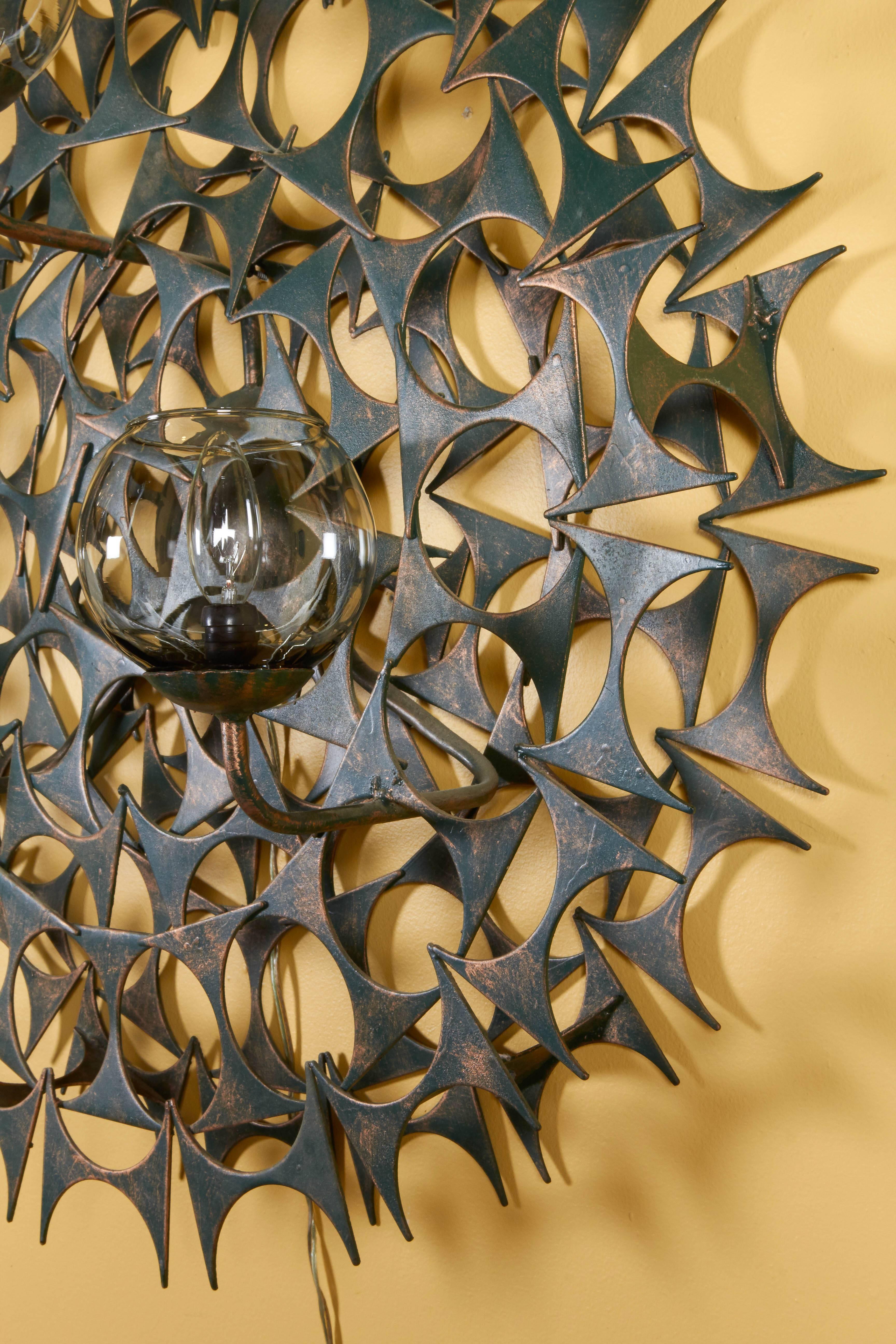 Impressive Pair of Sunburst Wall Sculpture Sconces by Marc Weinstein In Good Condition For Sale In New York, NY