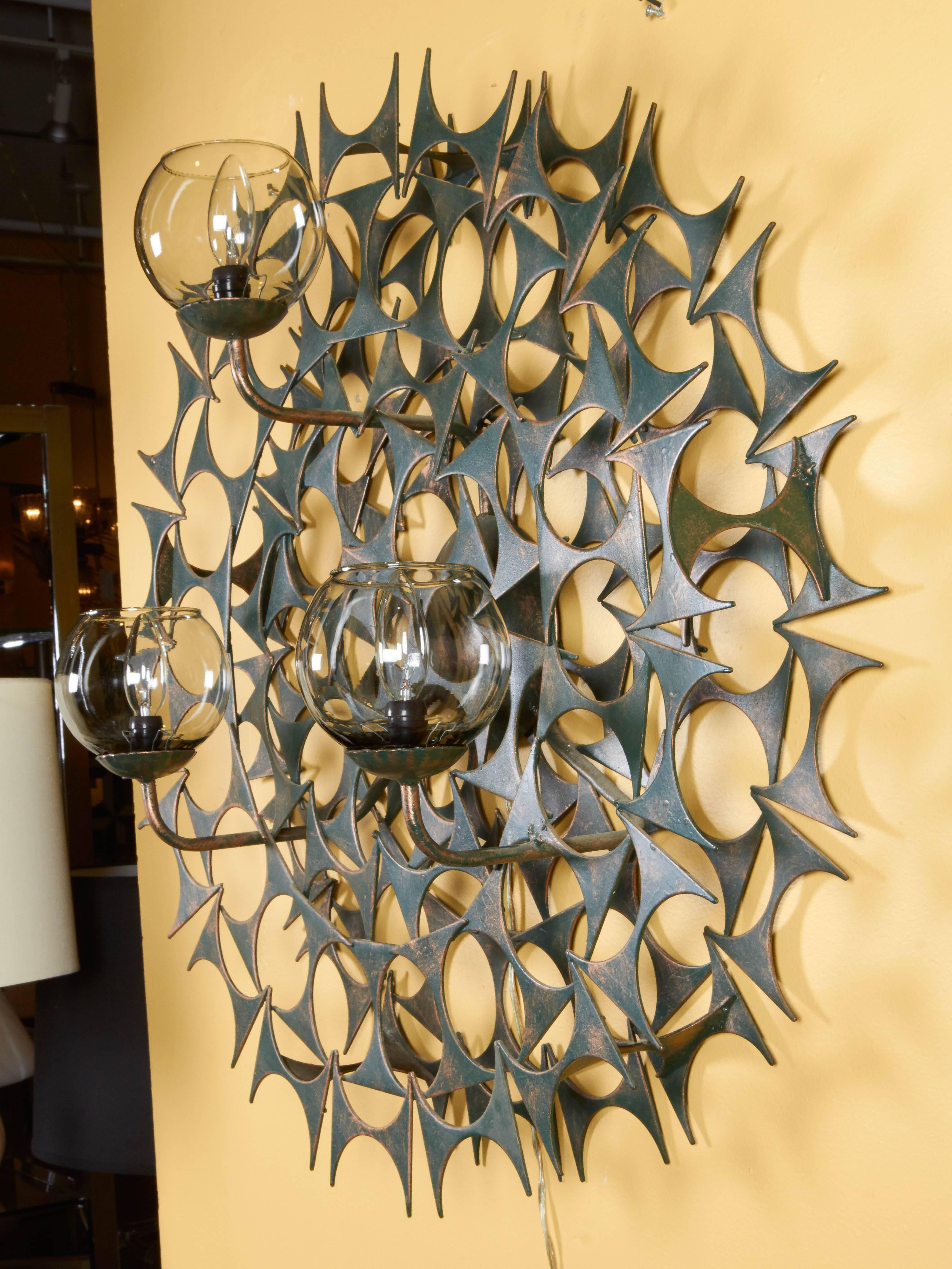 20th Century Impressive Pair of Sunburst Wall Sculpture Sconces by Marc Weinstein For Sale