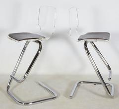 Pair of Italian Lucite and Chrome Bar Stools
