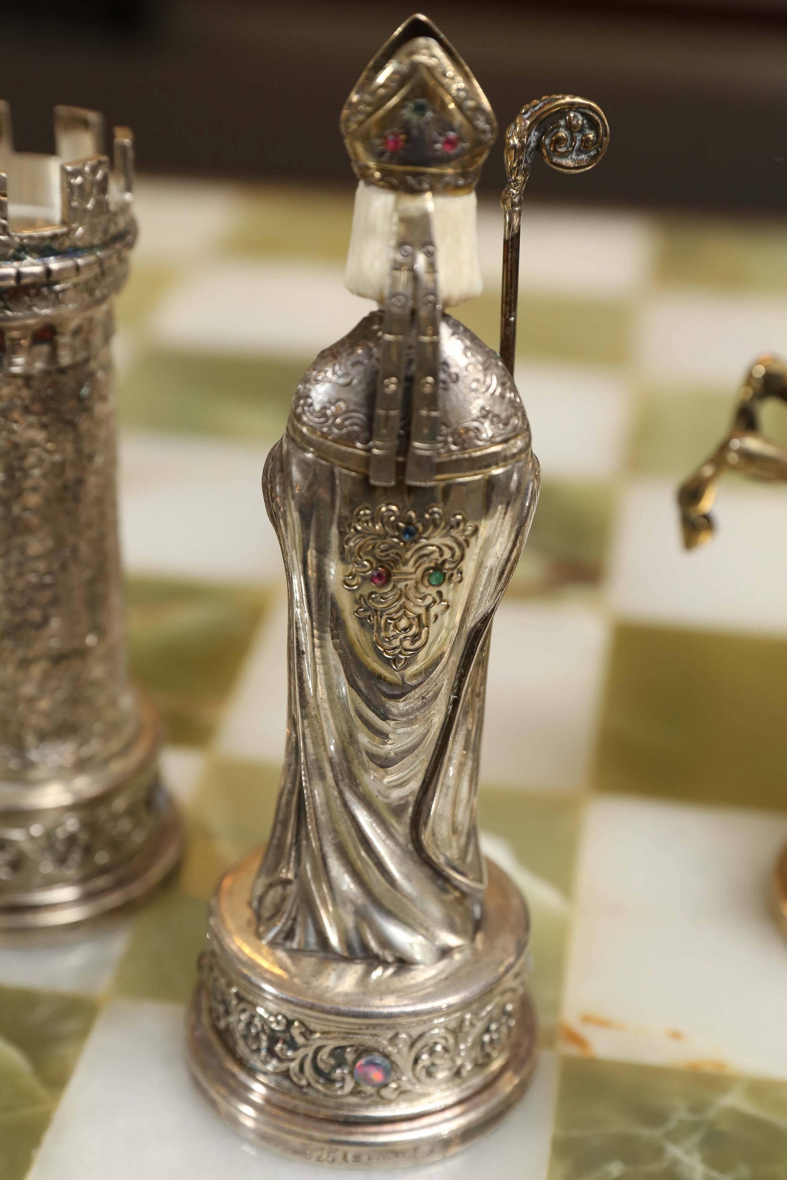 20th Century German Jewel-Encrusted Sterling Silver Chess Set