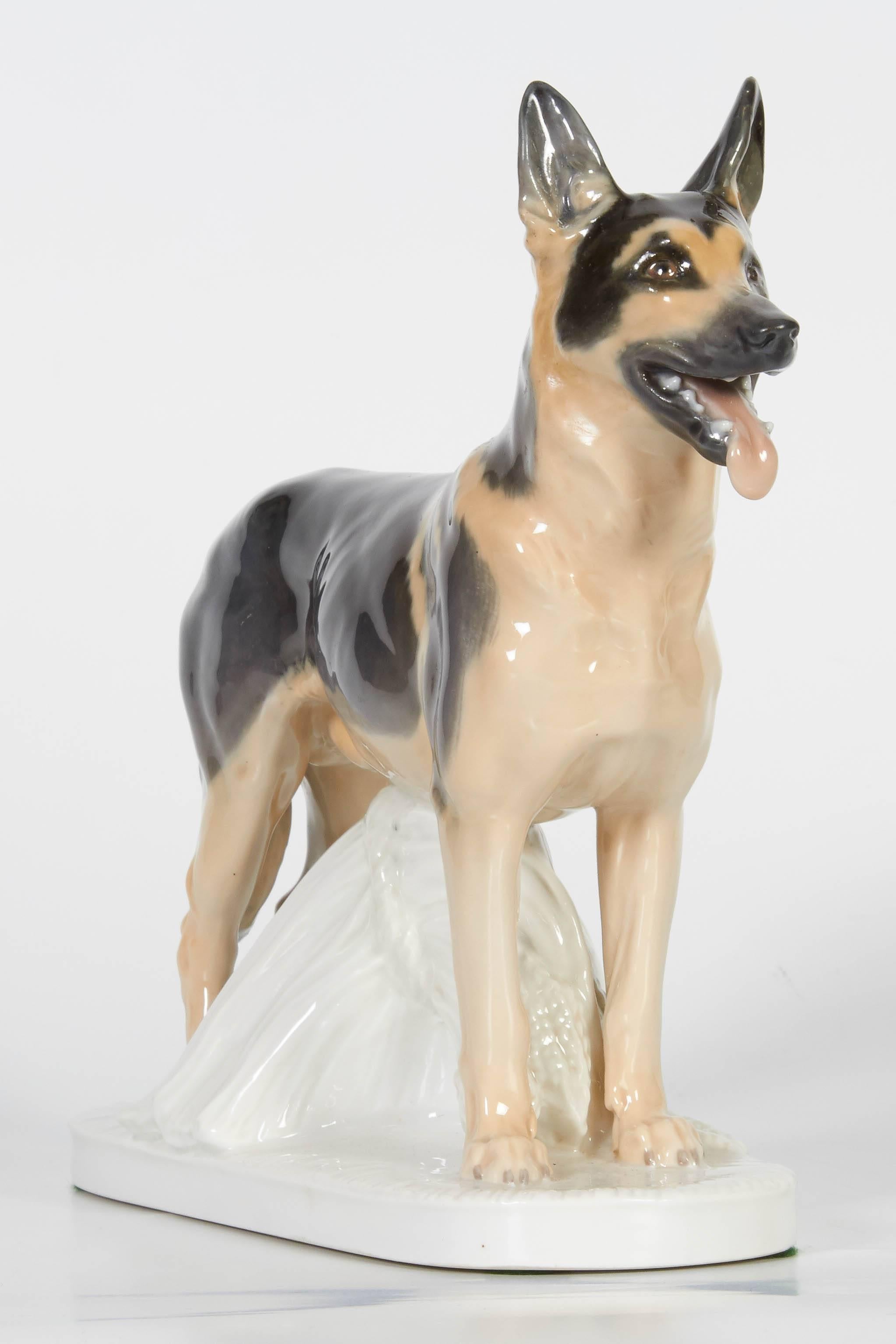 Hand-Painted Meissen Porcelain Figure of German Shepherd Dog