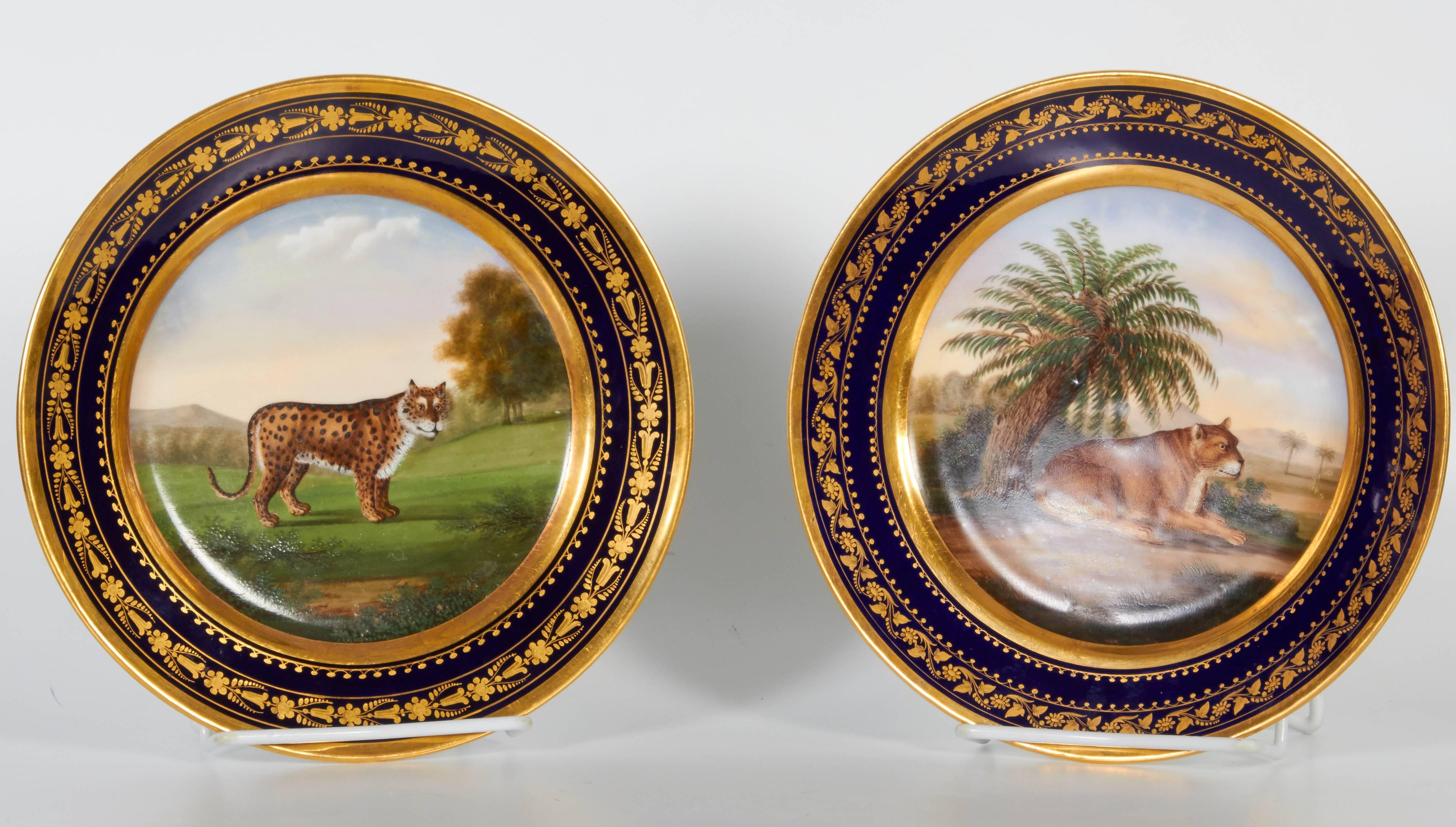 Pair of antique Darte Brothers cobalt blue porcelain plates magnificently painted with lioness and cheetah in lush green landscapes, decorated with two-tone 24 karat gold. Each with the original Darte Brothers Royal signature mark in red ink, one