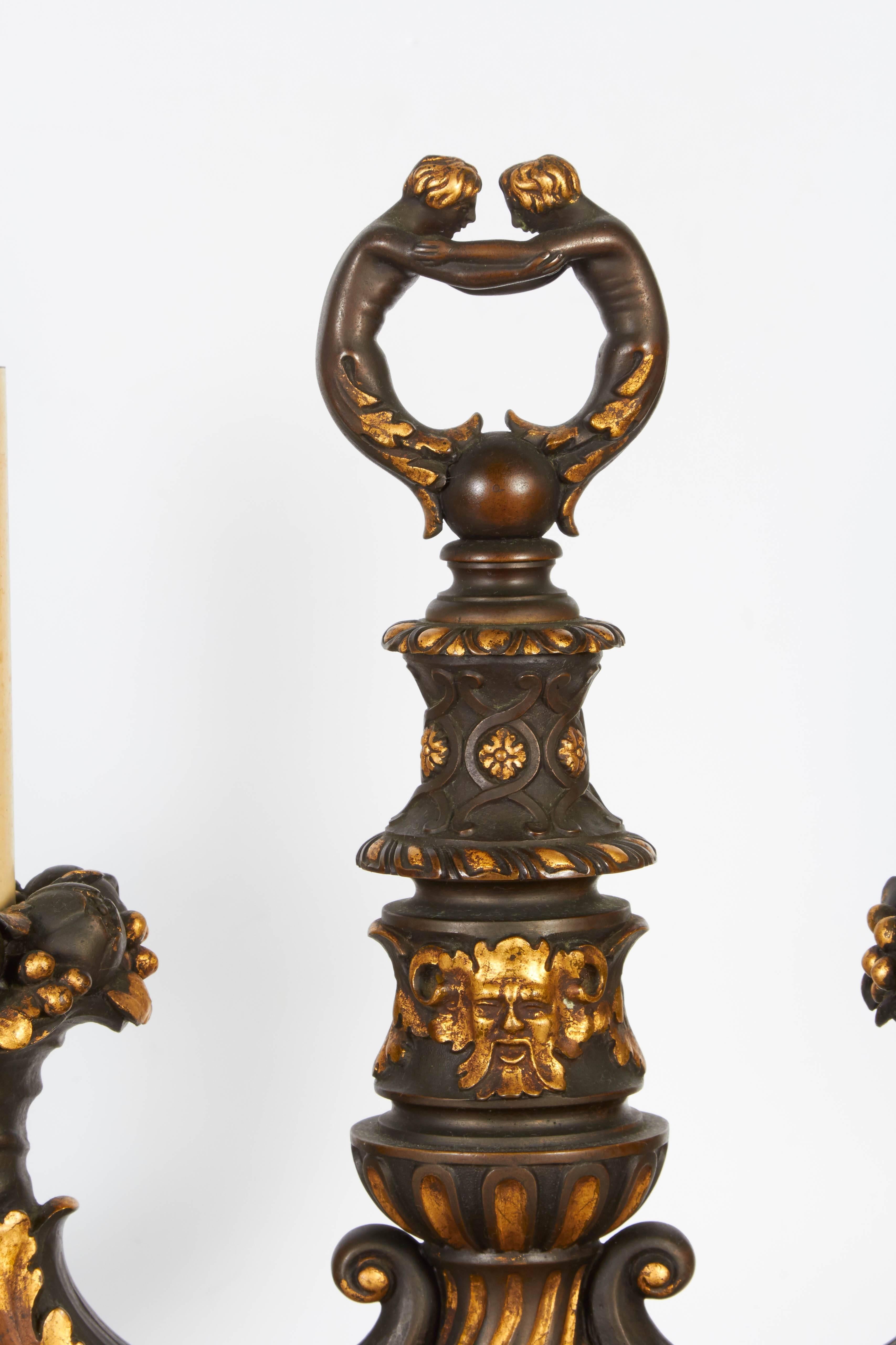 Renaissance Pair of American Parcel-Gilt and Bronze Candelabra/Lamps E.F.Caldwell Attributed For Sale
