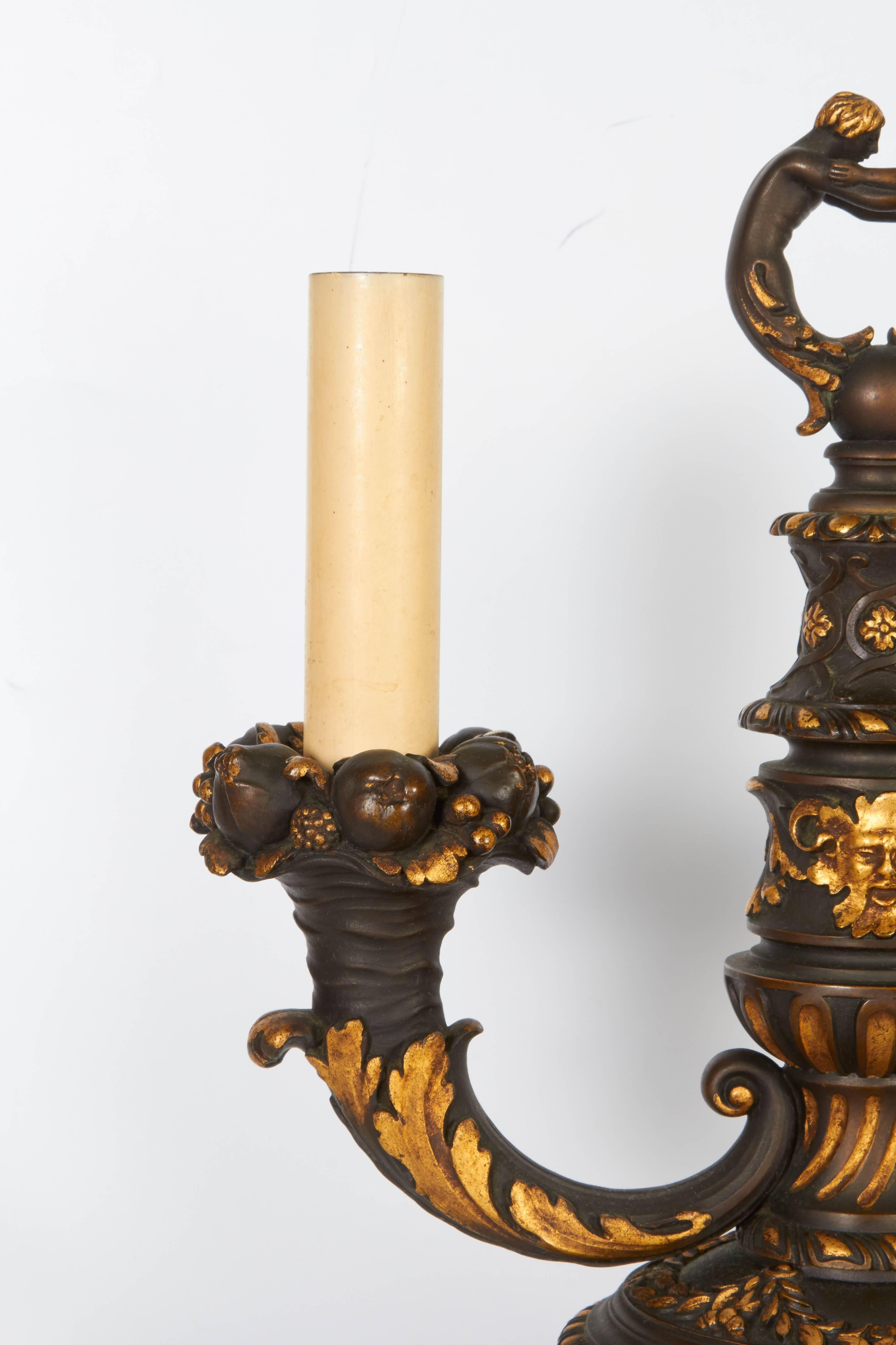 Pair of American Parcel-Gilt and Bronze Candelabra/Lamps E.F.Caldwell Attributed In Excellent Condition For Sale In New York, NY