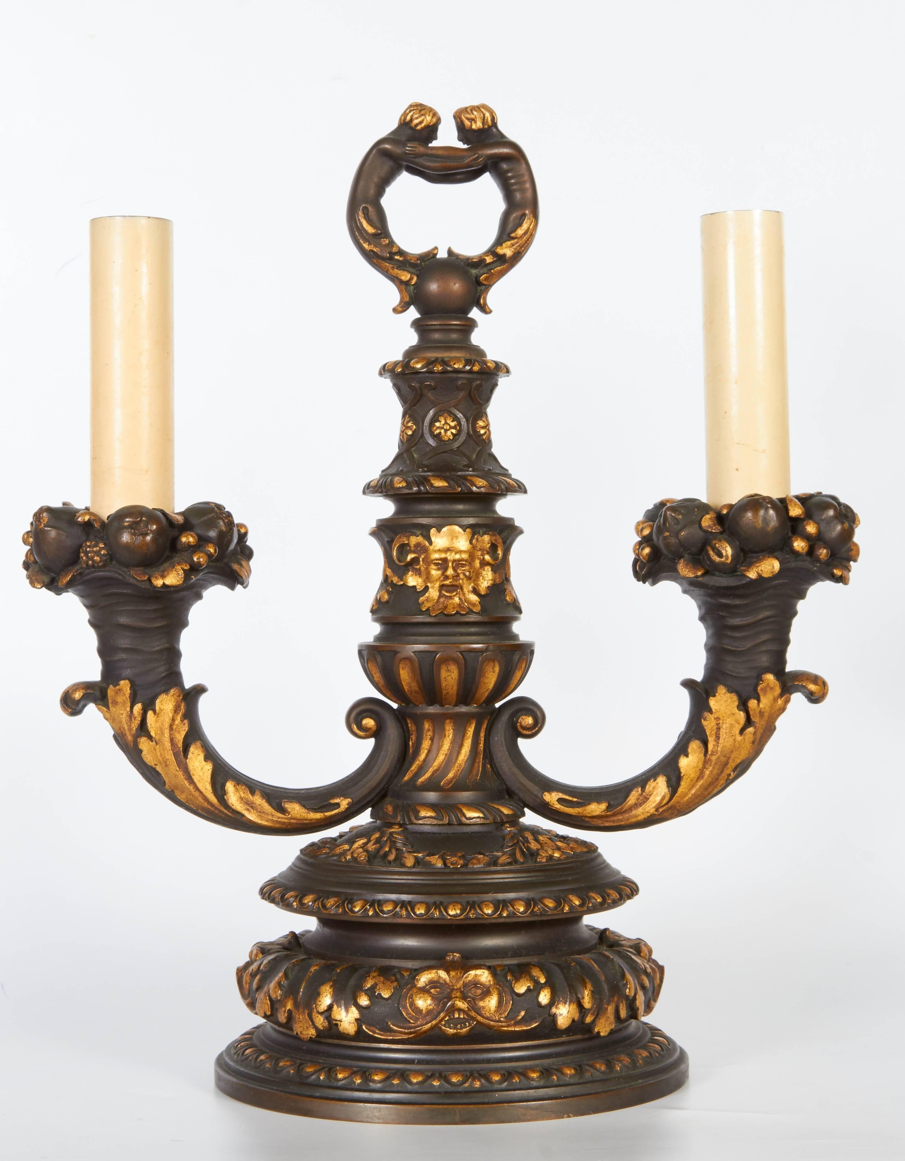 Pair of American Parcel-Gilt and Bronze Candelabra/Lamps E.F.Caldwell Attributed For Sale 1