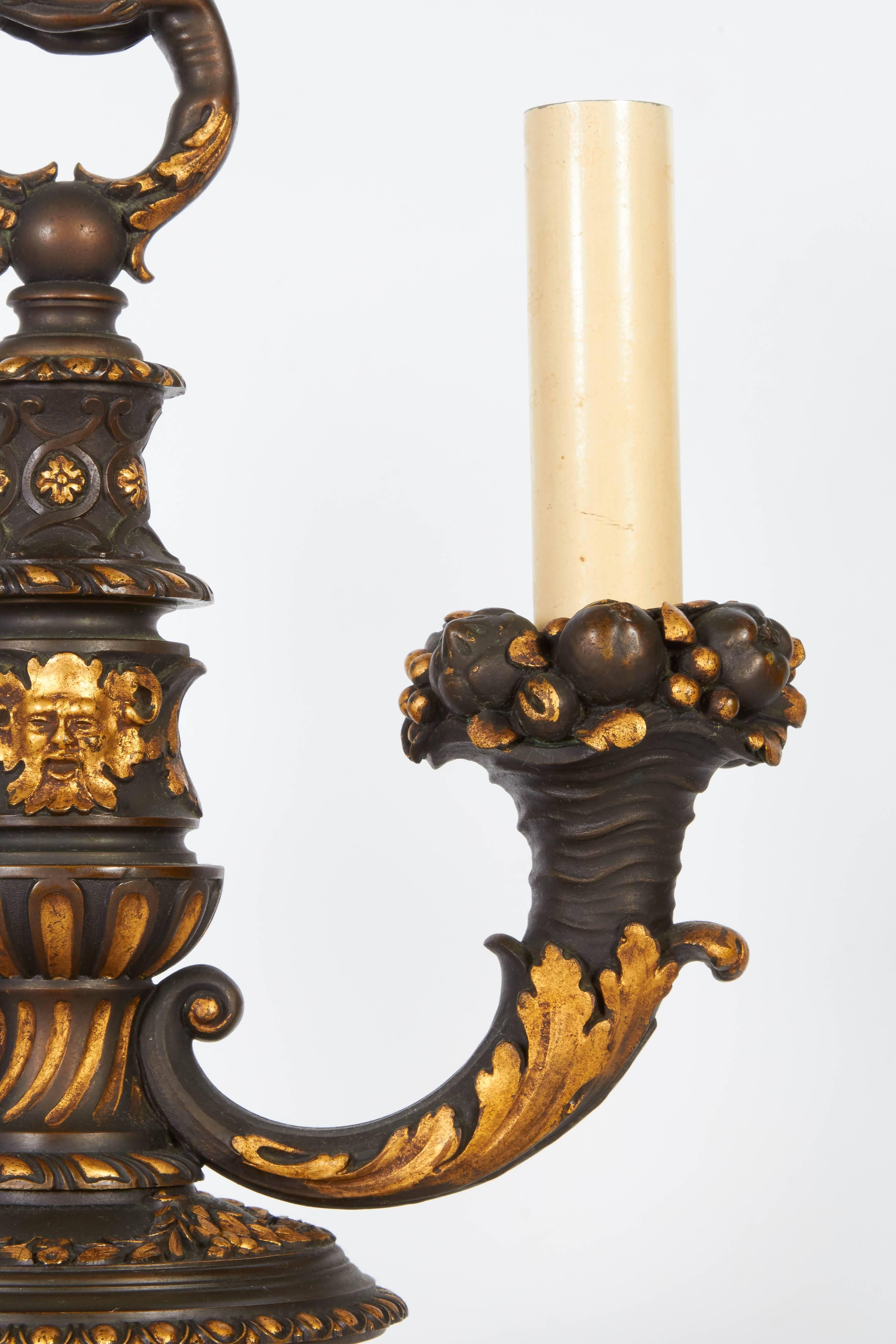 Pair of American Parcel-Gilt and Bronze Candelabra/Lamps E.F.Caldwell Attributed For Sale 2