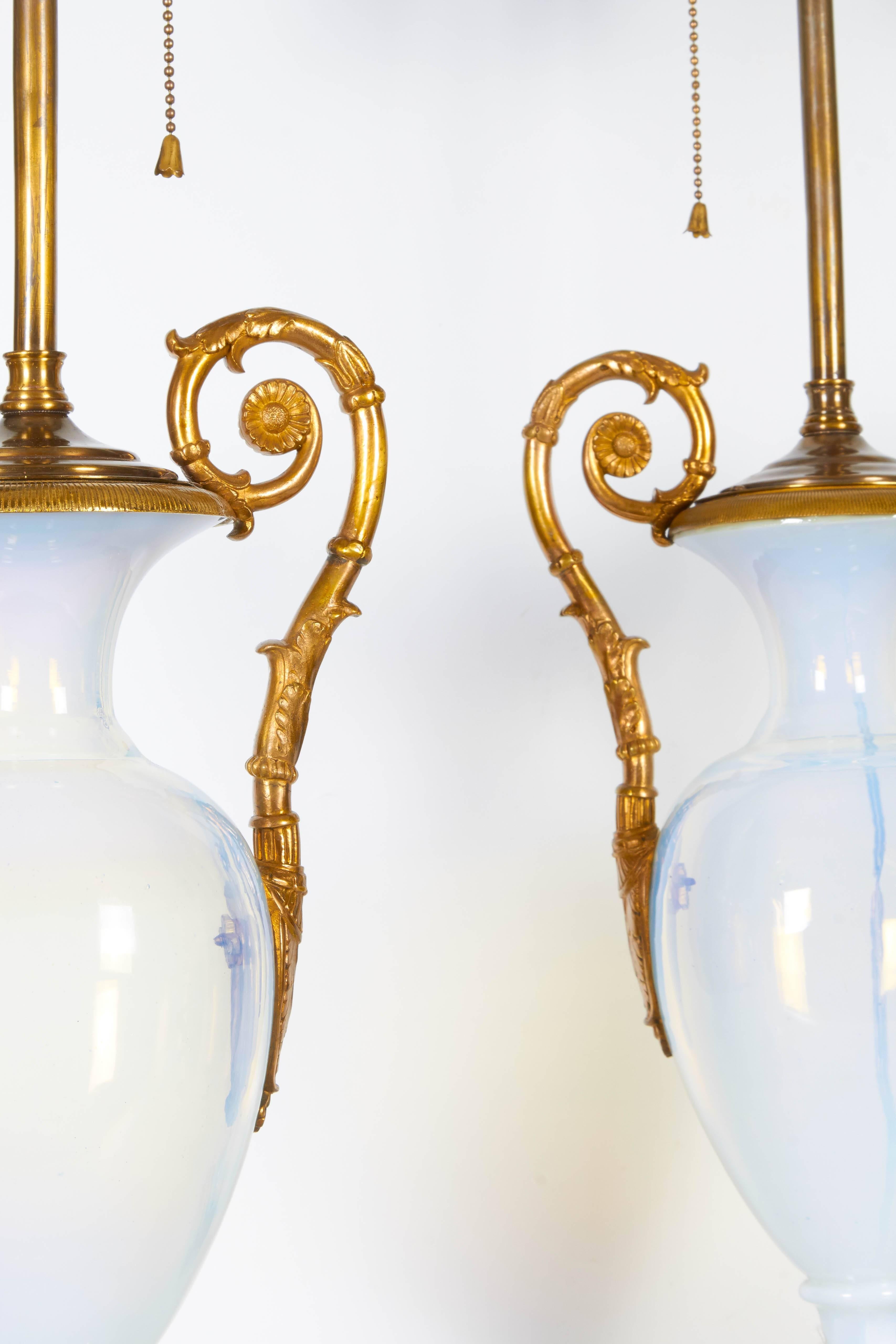 European Pair Antique Russian Neoclassical Period White Opalescent and Ormolu Vases/Lamps For Sale