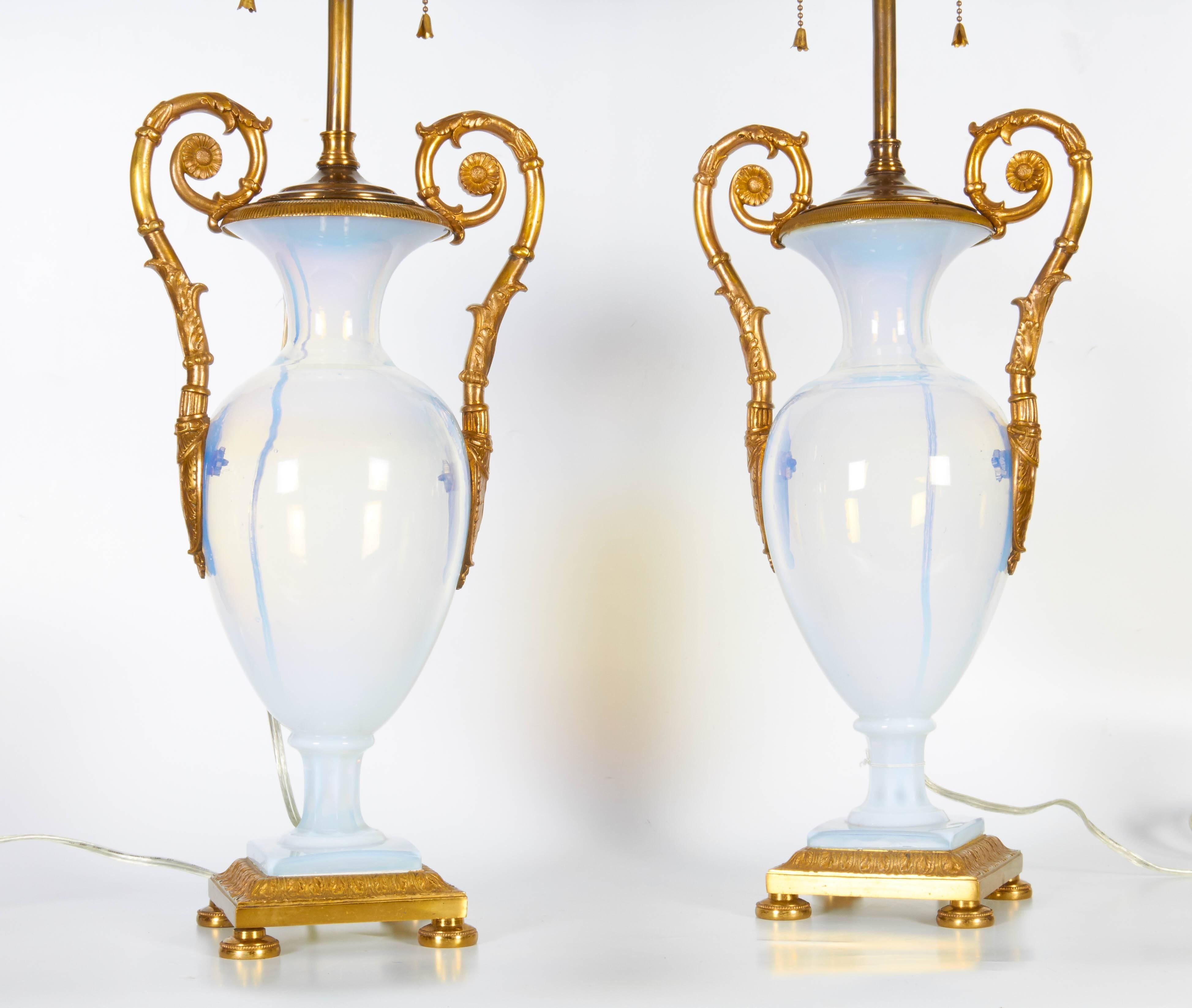 Opaline Glass Pair Antique Russian Neoclassical Period White Opalescent and Ormolu Vases/Lamps For Sale