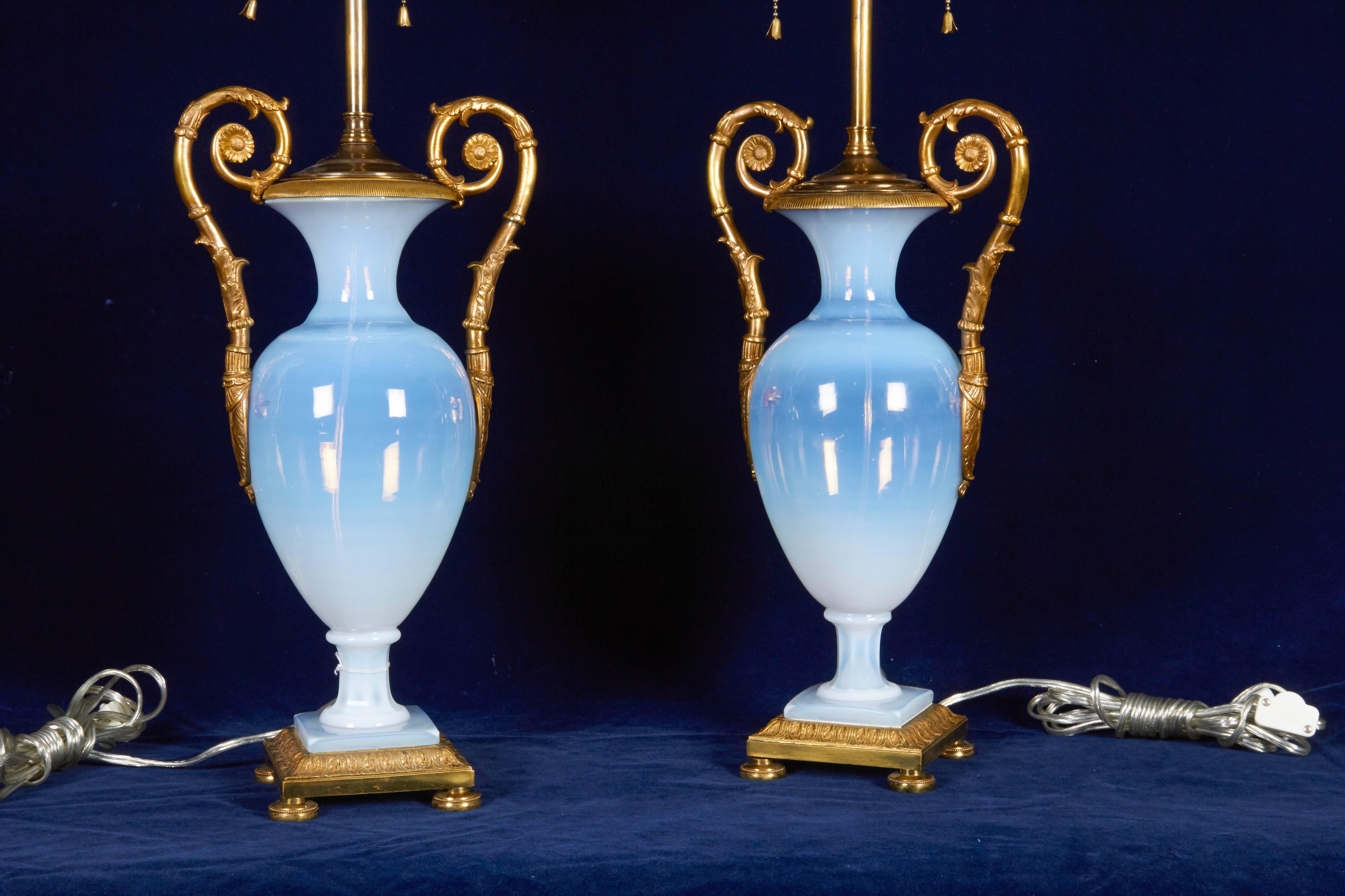 Pair Antique Russian Neoclassical Period White Opalescent and Ormolu Vases/Lamps For Sale 4