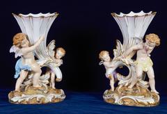 Antique Meissen Groupings of Children Holding Cornucopia Vases Pair, circa 1860