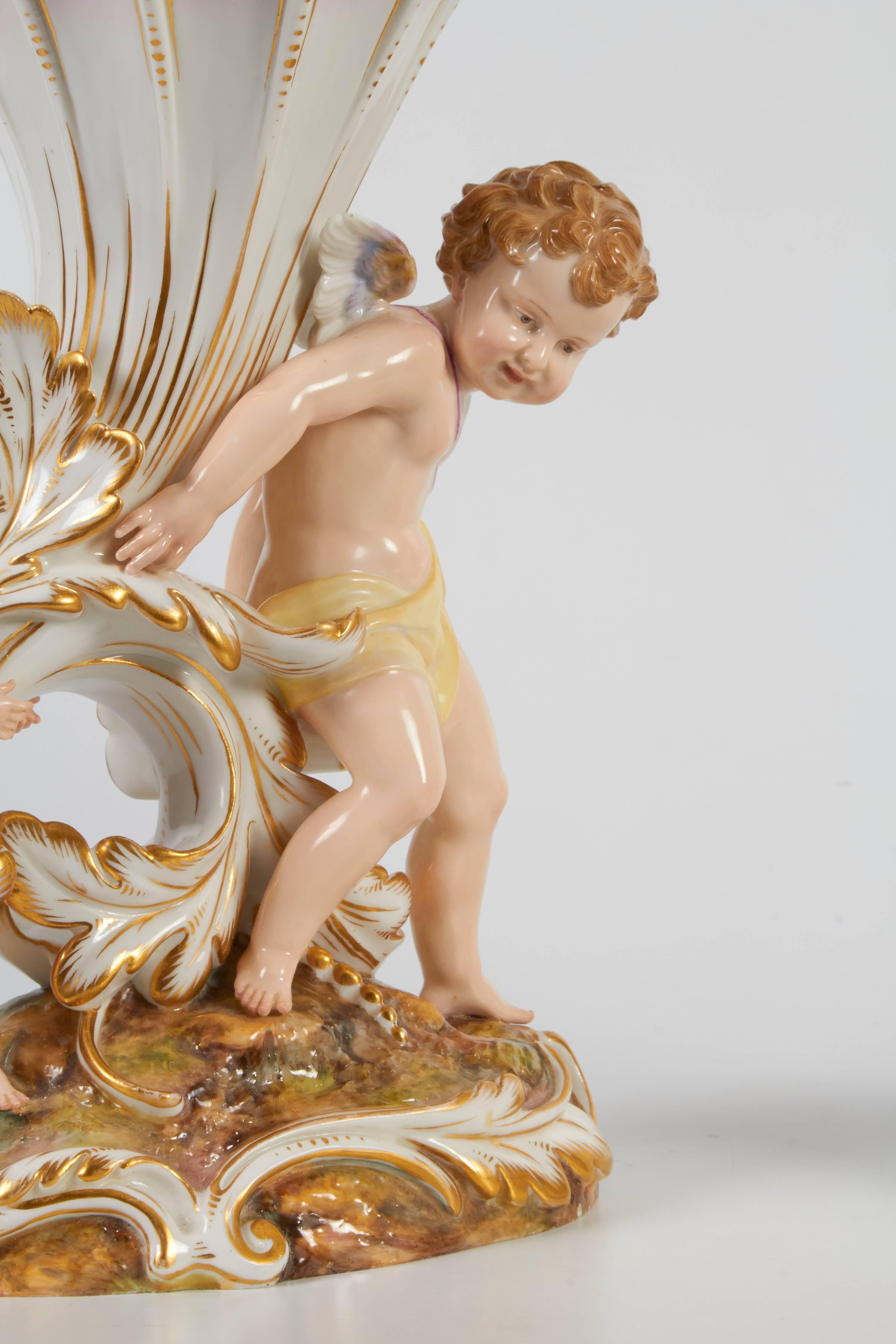 Antique Meissen Groupings of Children Holding Cornucopia Vases Pair, circa 1860 In Good Condition For Sale In New York, NY