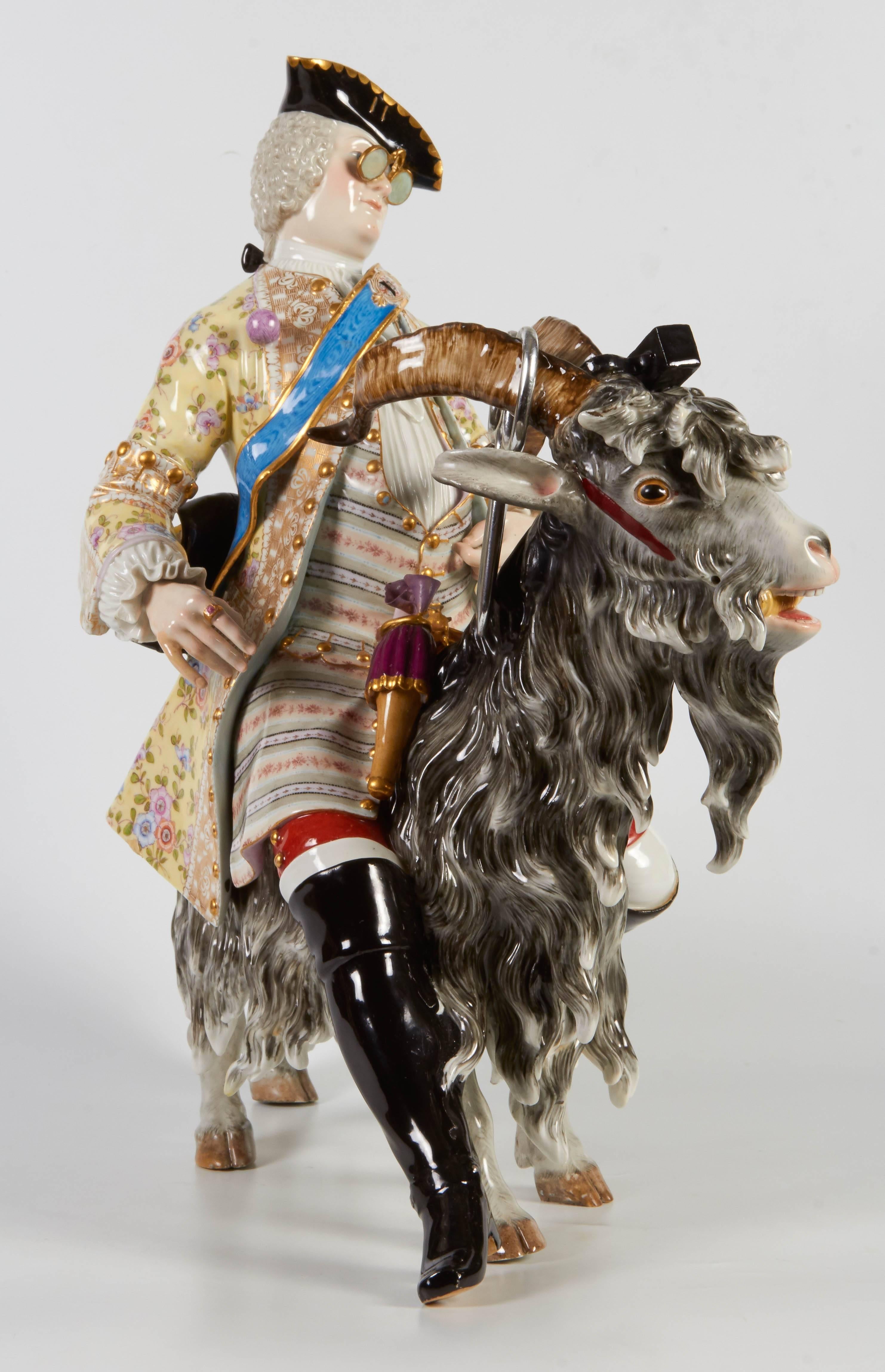 Enameled Large Meissen Model of Count Bruhl's Tailor on the Goat, circa Mid-Late 1800s