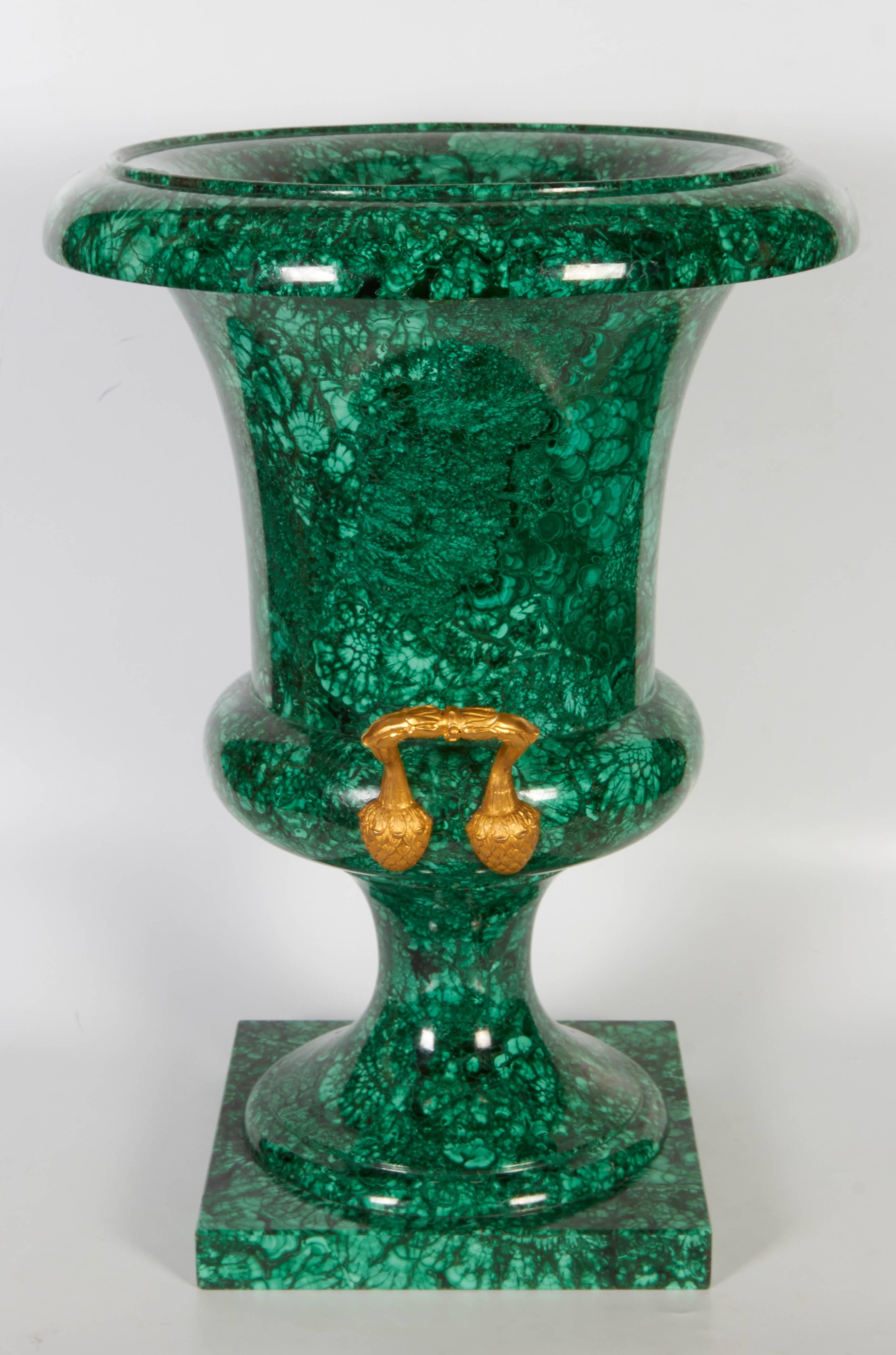 European Large Russian Neoclassical Malachite and Ormolu Urn or Vase, 19th Century For Sale