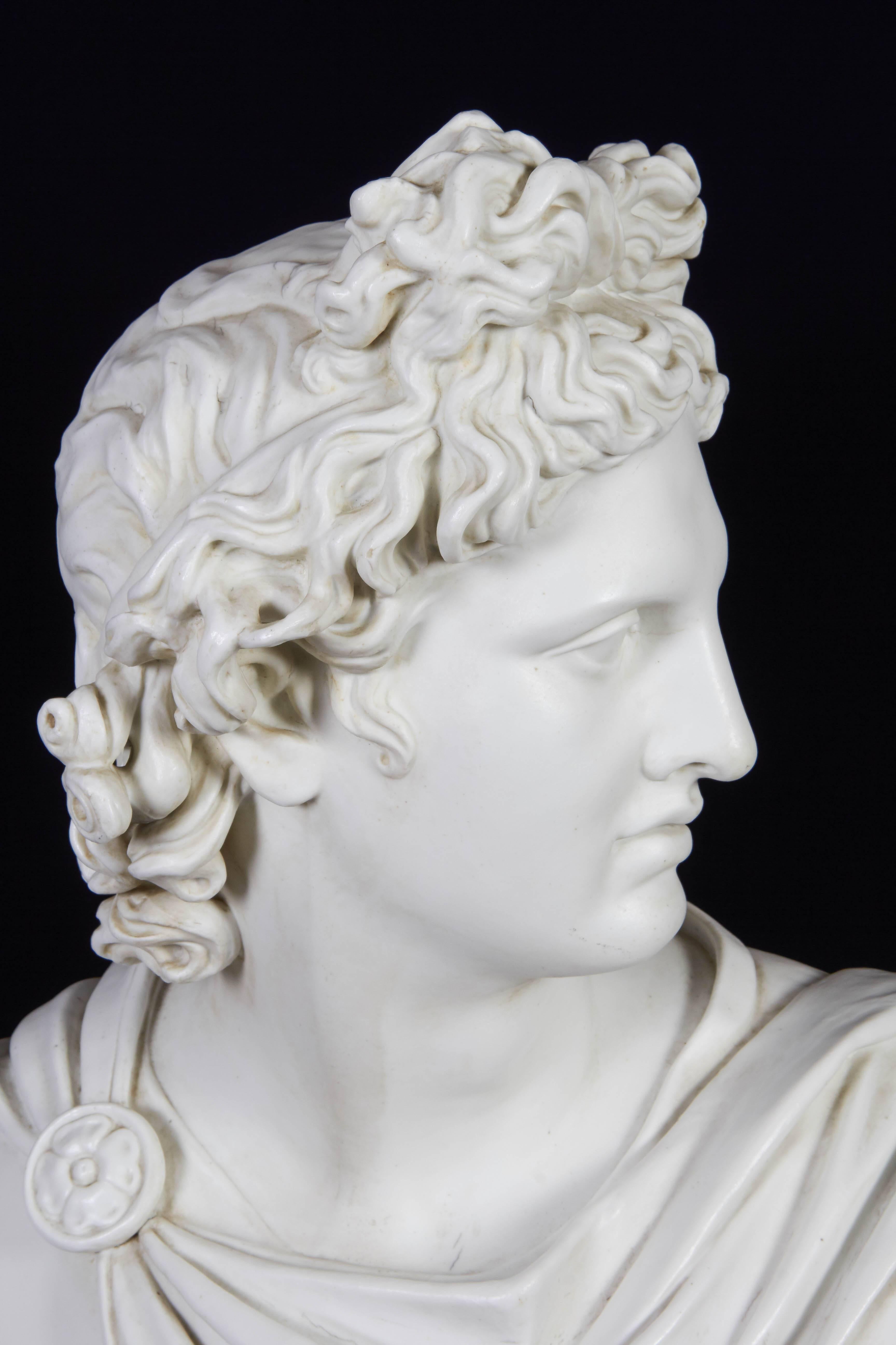 A large and quite impressive antique neoclassical porcelain Bust of Apollo of Belvedere, signed and engraved in the back. French mid-1800s.

Measures: Height: 26
