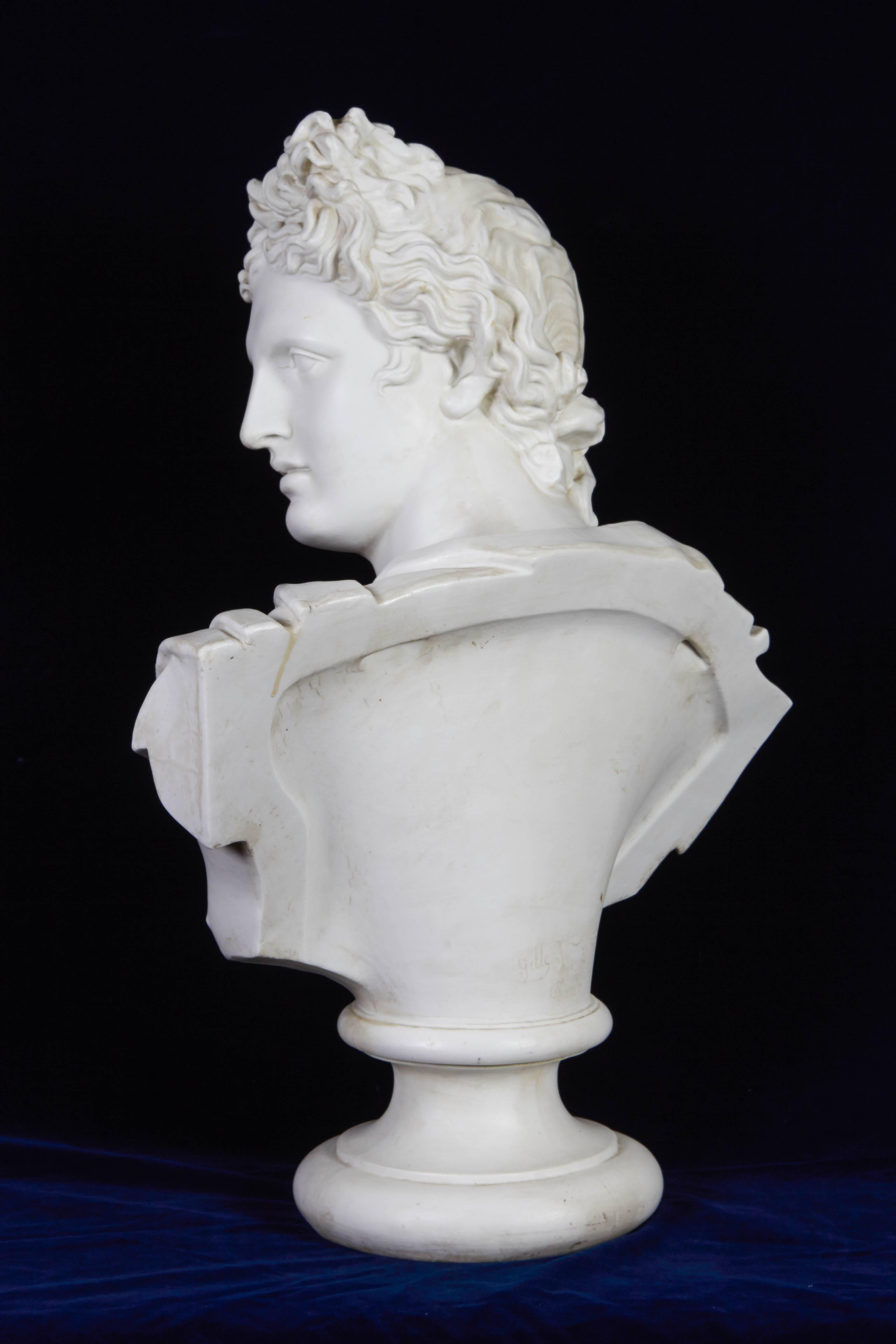 Neoclassical Large Antique Porcelain Bust of Apollo of Belvedere, French Signed & Engraved