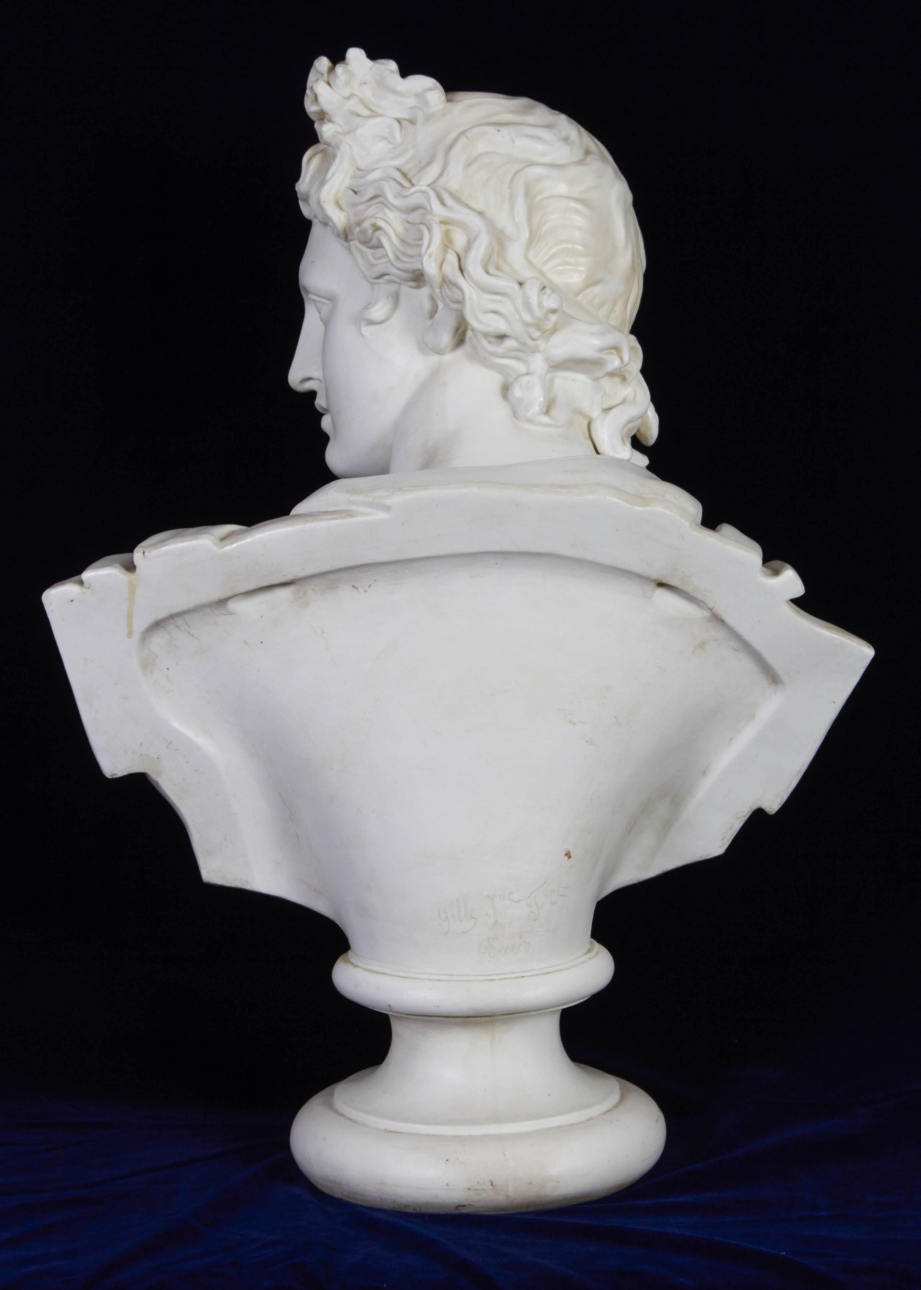 19th Century Large Antique Porcelain Bust of Apollo of Belvedere, French Signed & Engraved