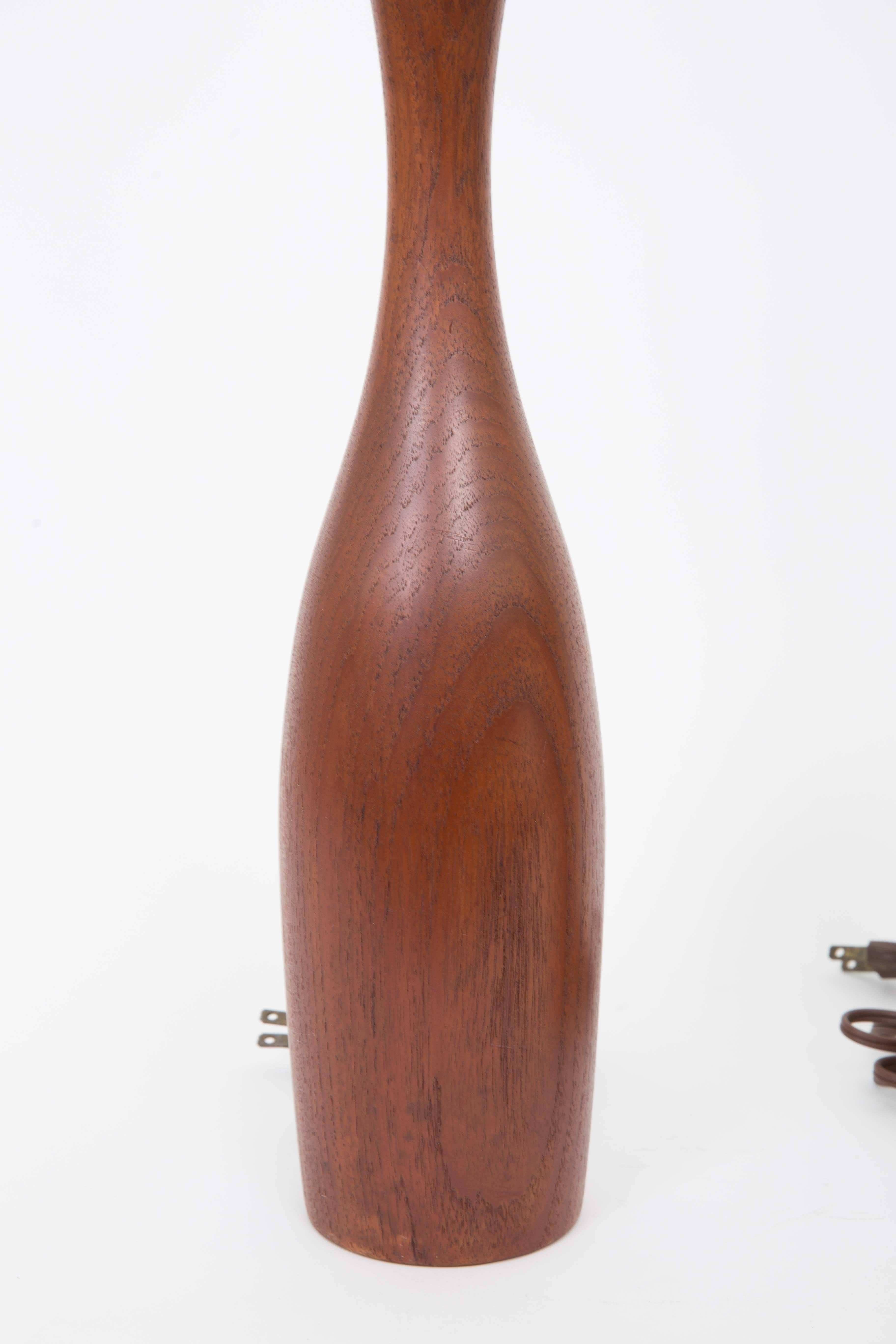 Mid-Century Modern Pair of 1950s Danish Bowling Pin Shape Teak Table Lamps