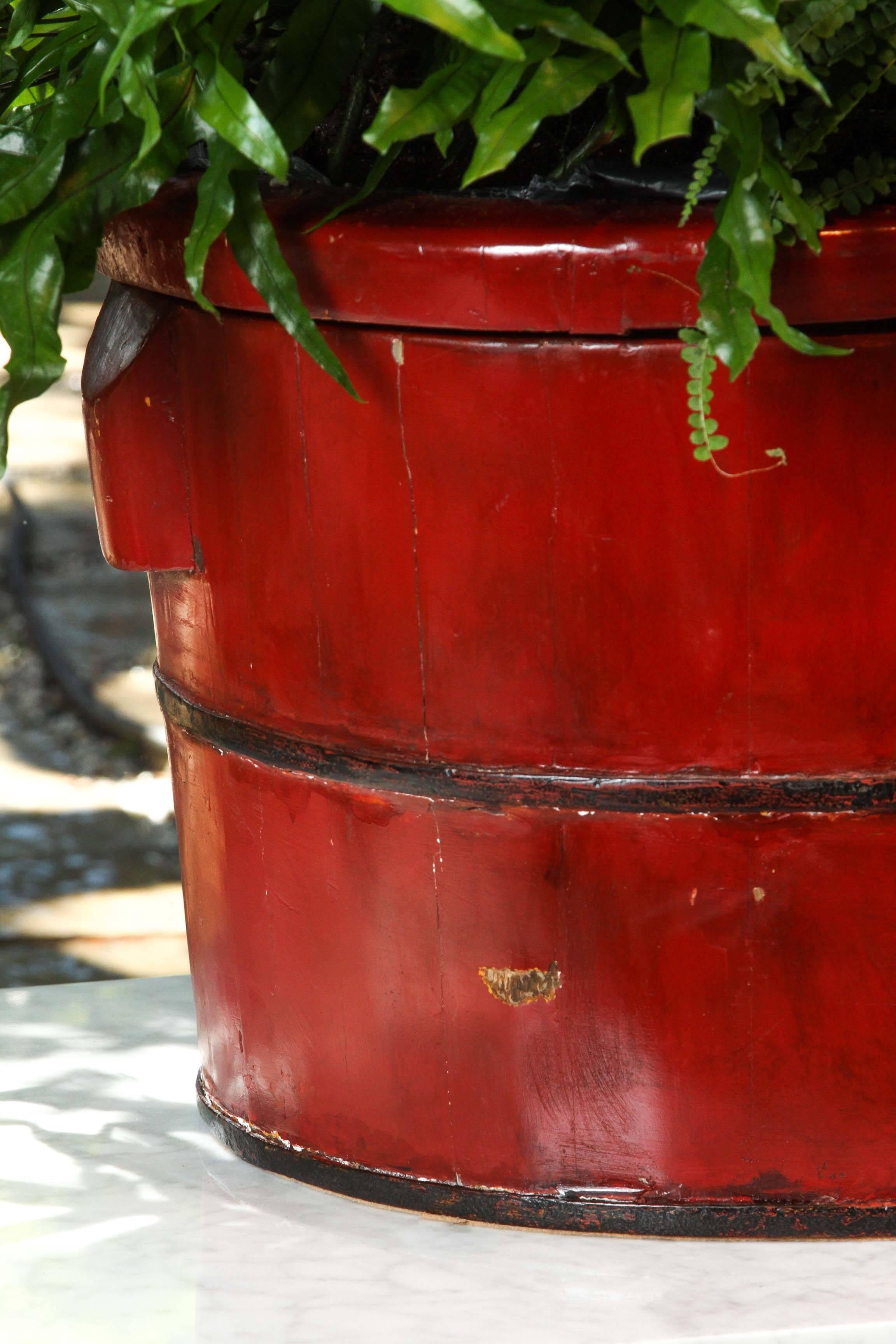 Asian, Iron-Banded, Red Lacquered Sectioned Wood Tub, Early 20th Century 1