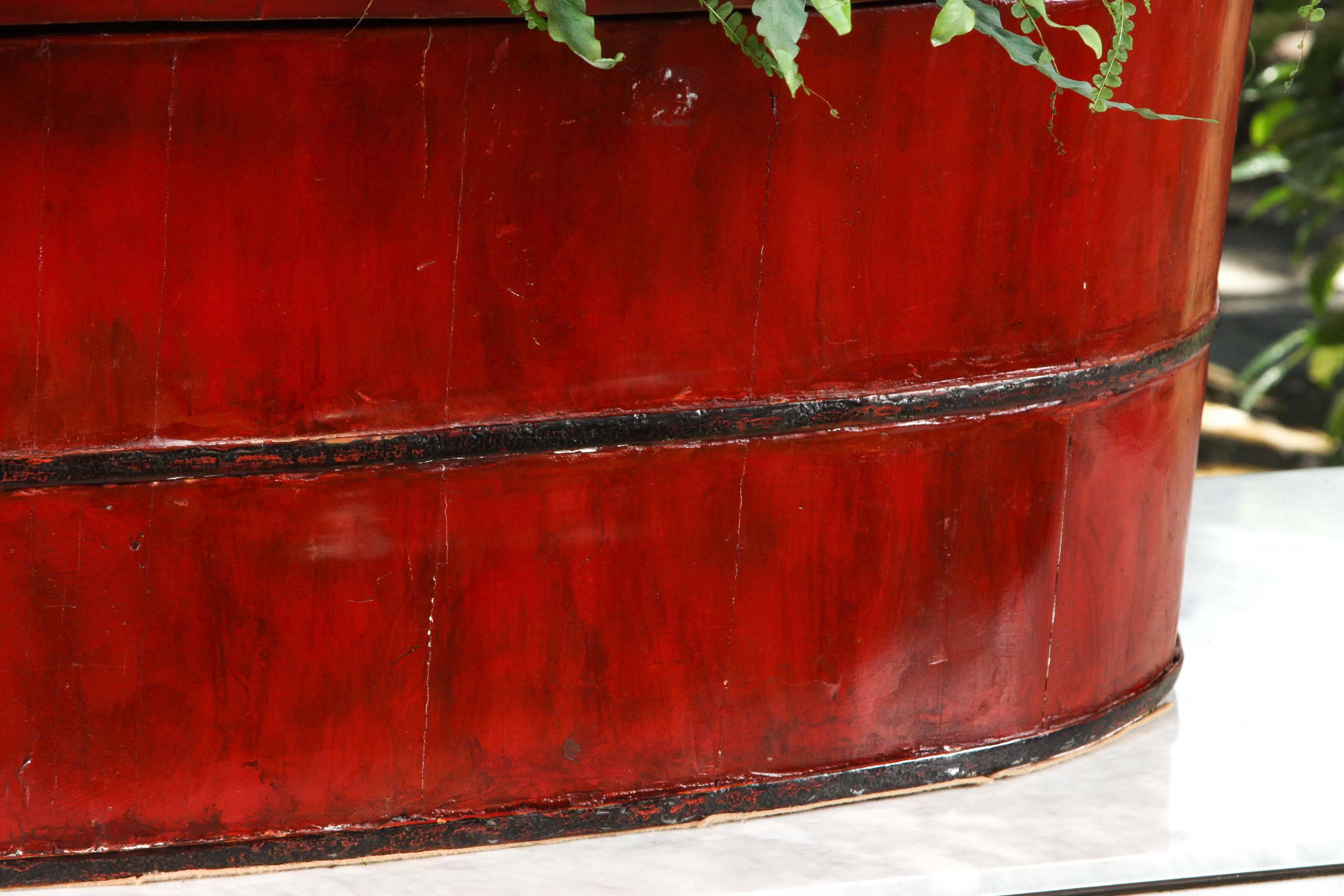 Asian, Iron-Banded, Red Lacquered Sectioned Wood Tub, Early 20th Century 2