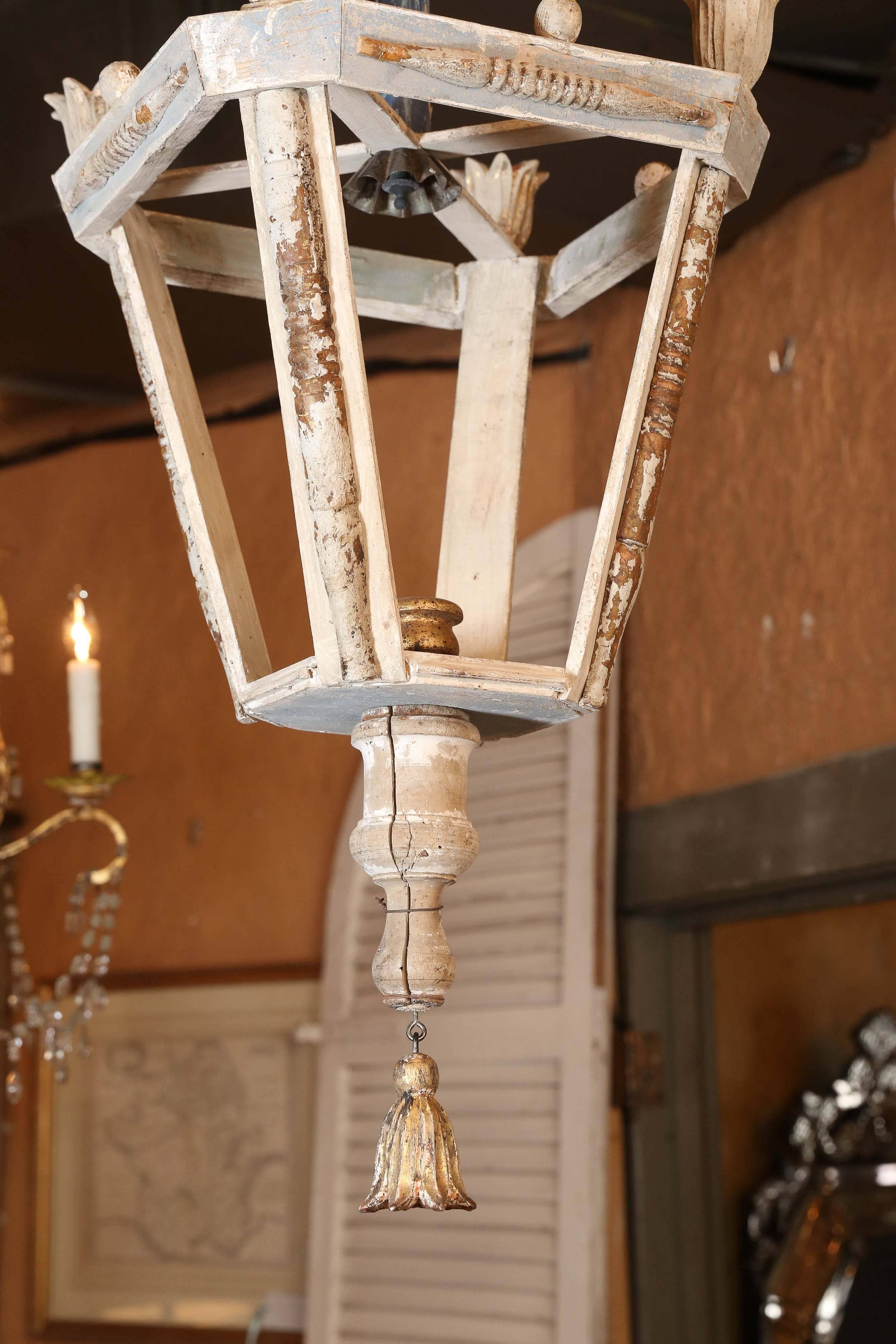 Lantern made from antique wooden fragments. Traces of blue paint and gilt. Can be wired.