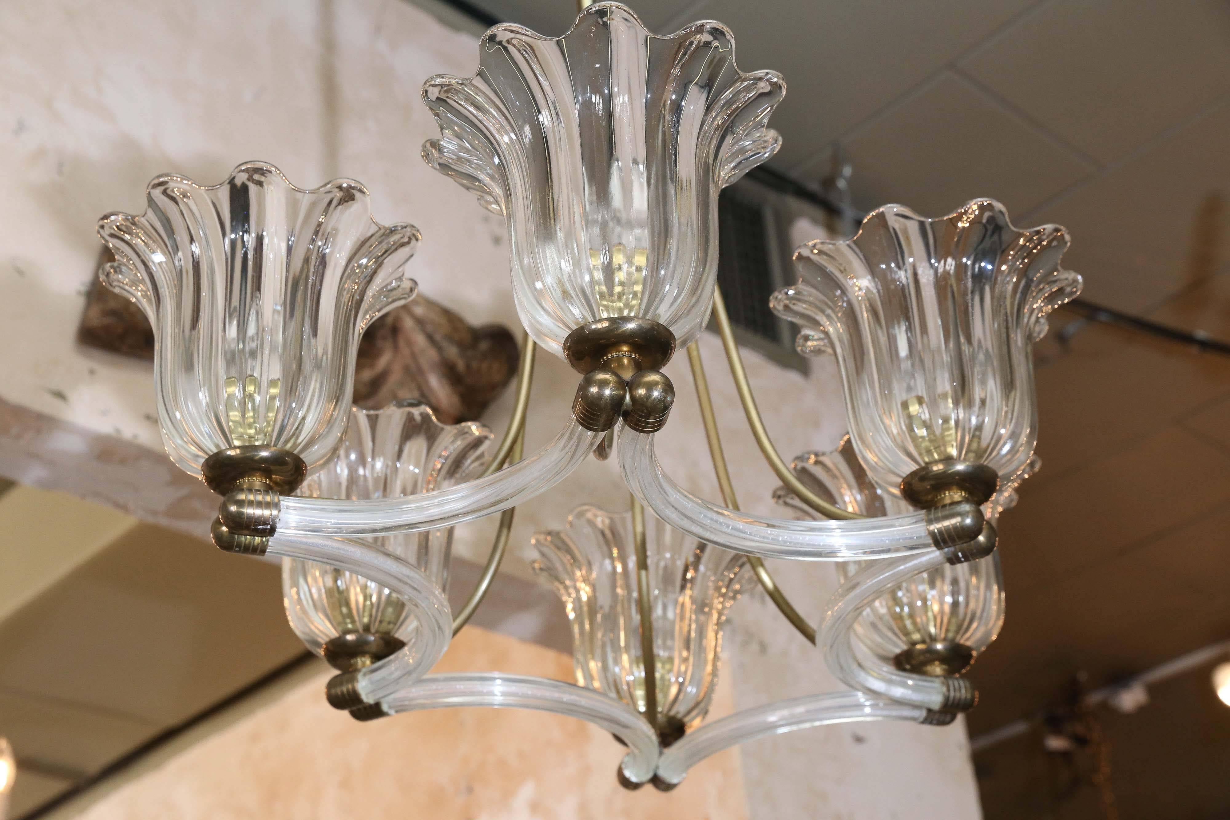 Murano chandelier by Seguso Vetri d'Arte, circa 1940. Blown glass with bronze details. Has been wired for the US.