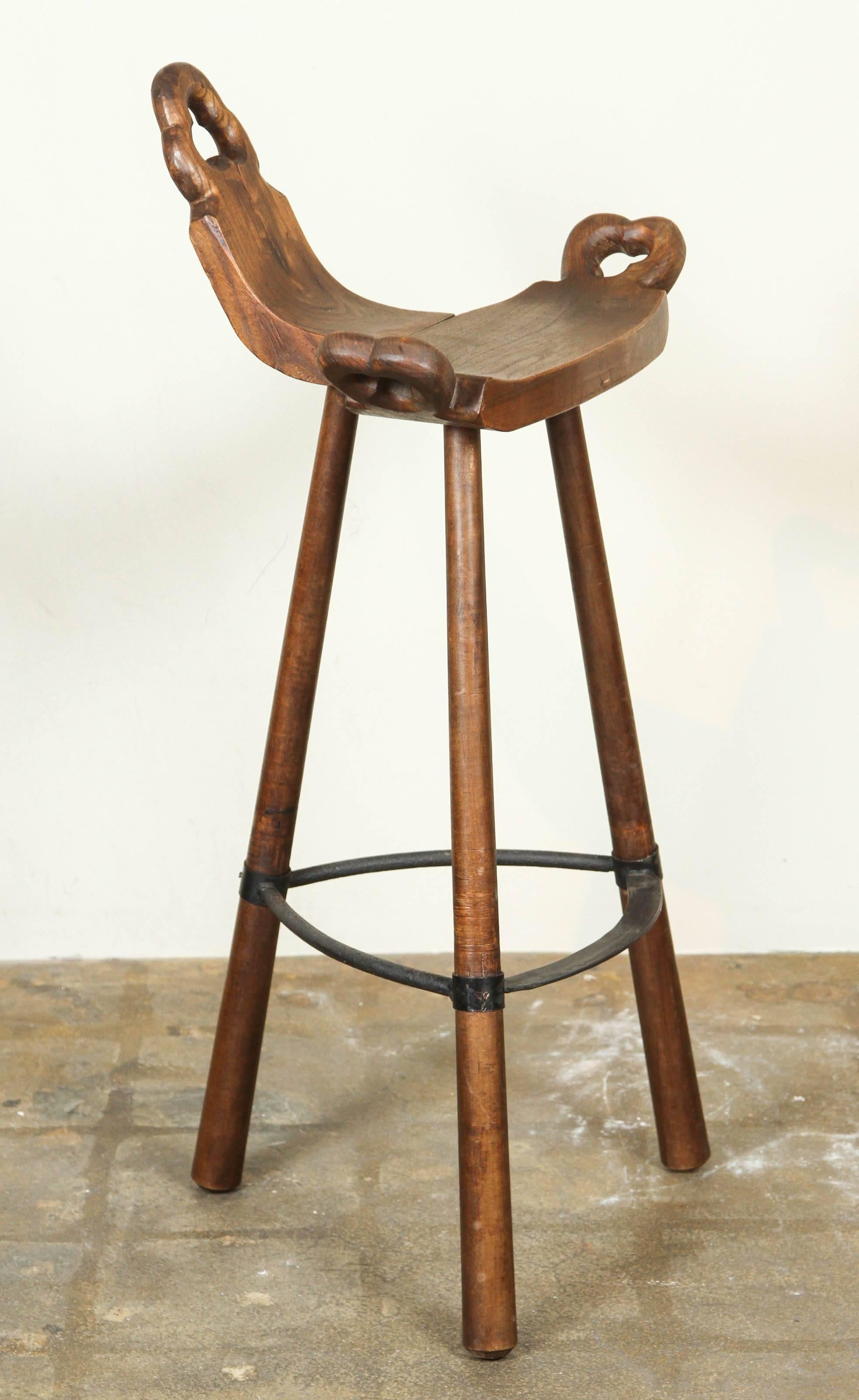 Mid-20th Century Carved Wooden and Iron Stool
