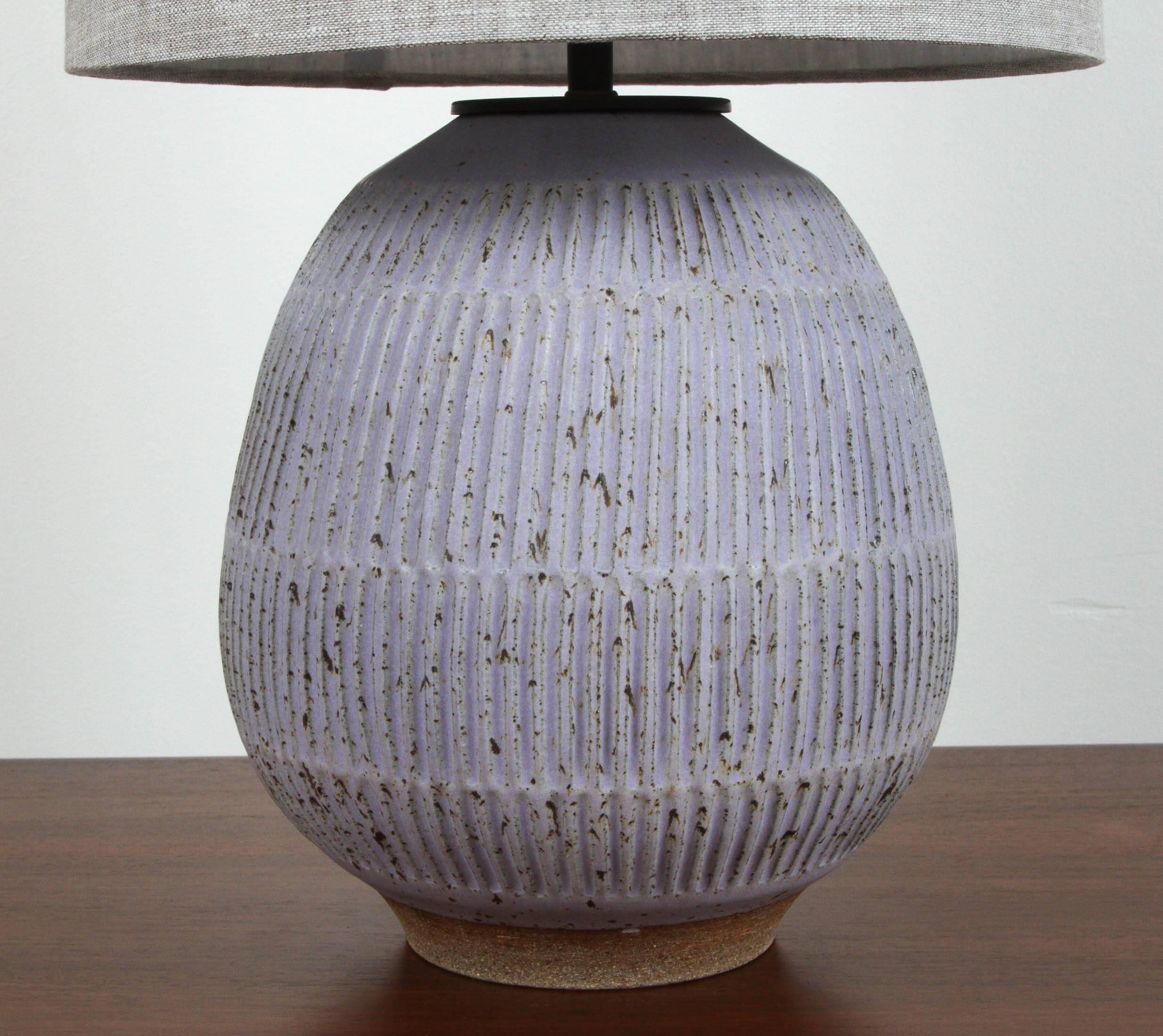 Hand-carved Lavender stoneware lamp by Mt. Washington pottery.