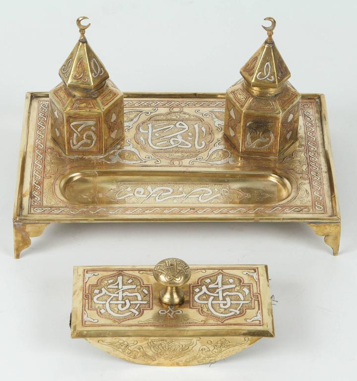 Polished Brass Ic Moorish Style Desk Inkwells Set For At Early 20th Century Desk Set Rare And Great Quality Mamluk Cairoware Style Silver