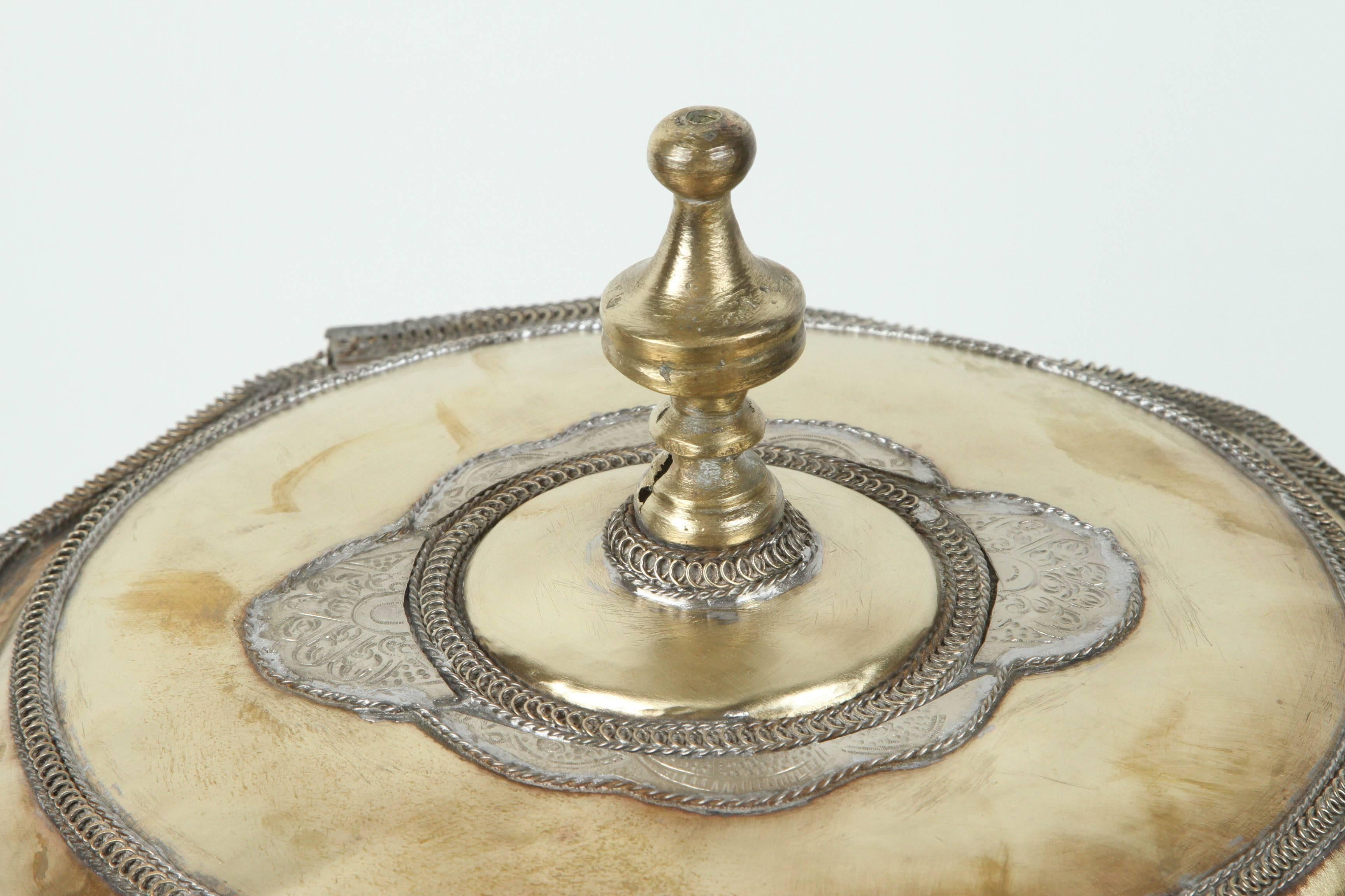 Moorish Large Brass Moroccan Cookie Jar with Silver Filigree Designs