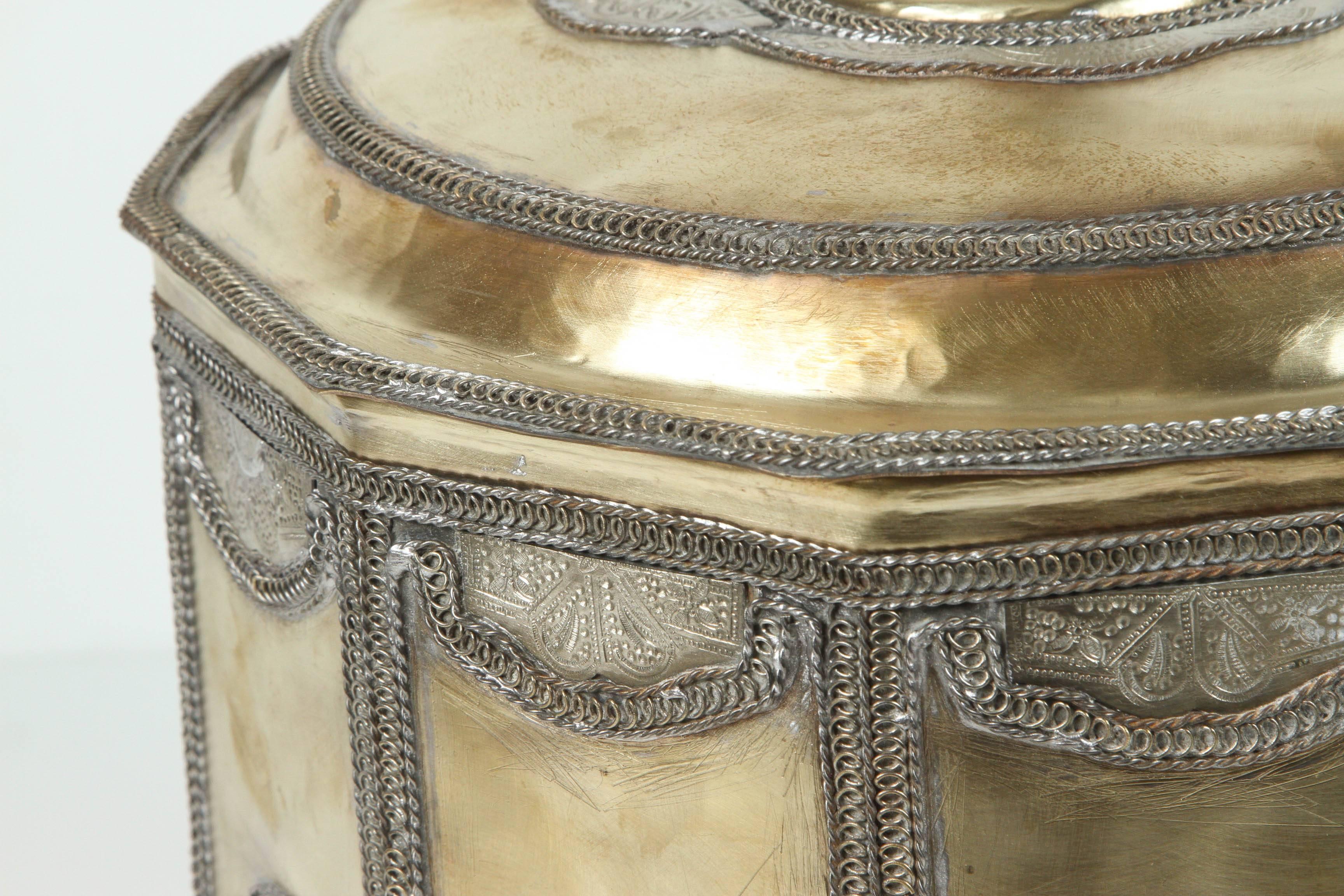 Hand-Crafted Large Brass Moroccan Cookie Jar with Silver Filigree Designs