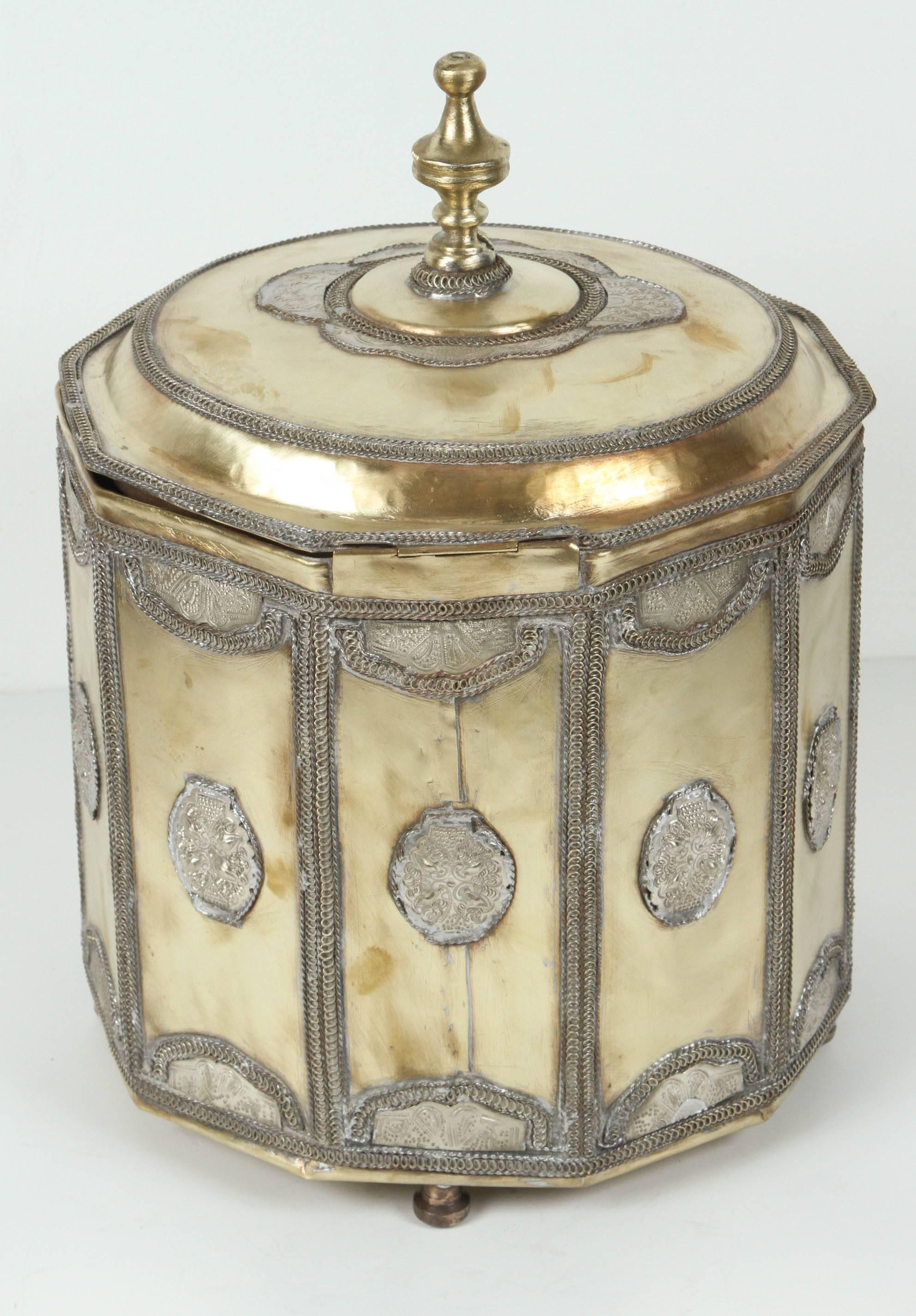 20th Century Large Brass Moroccan Cookie Jar with Silver Filigree Designs