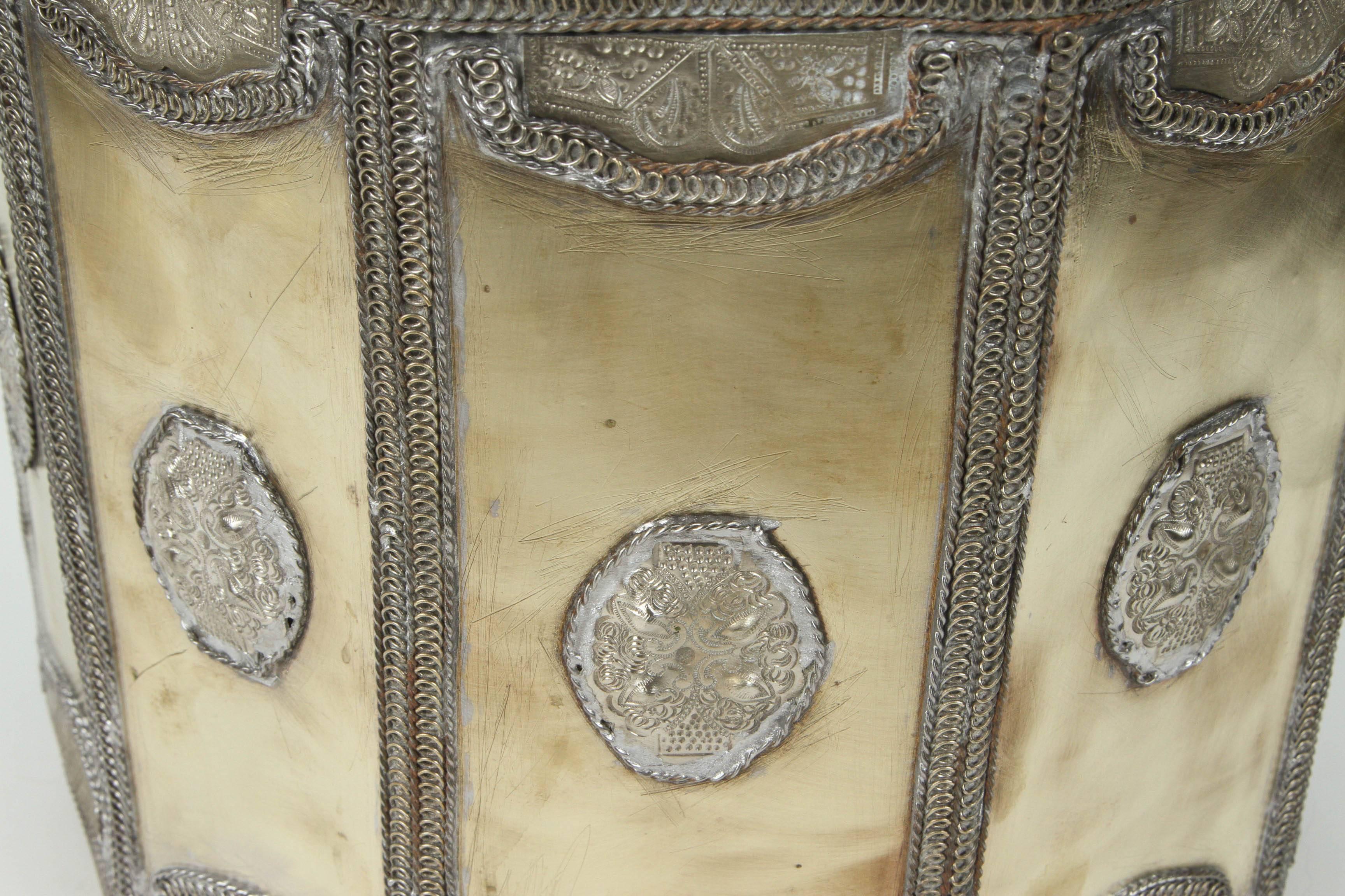 Large Brass Moroccan Cookie Jar with Silver Filigree Designs 1