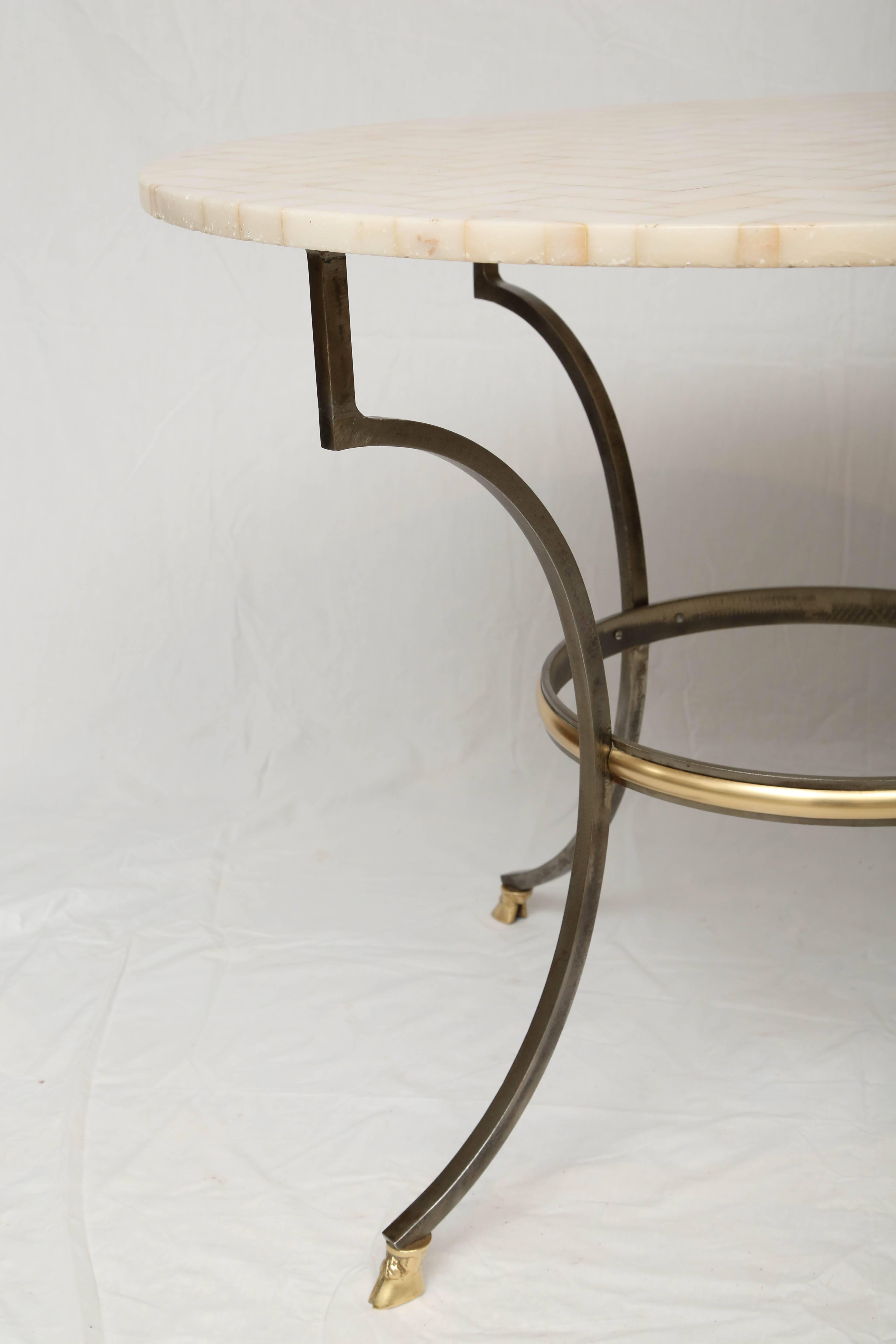 Italian Steel and Brass Table with Basketweave Marble Top