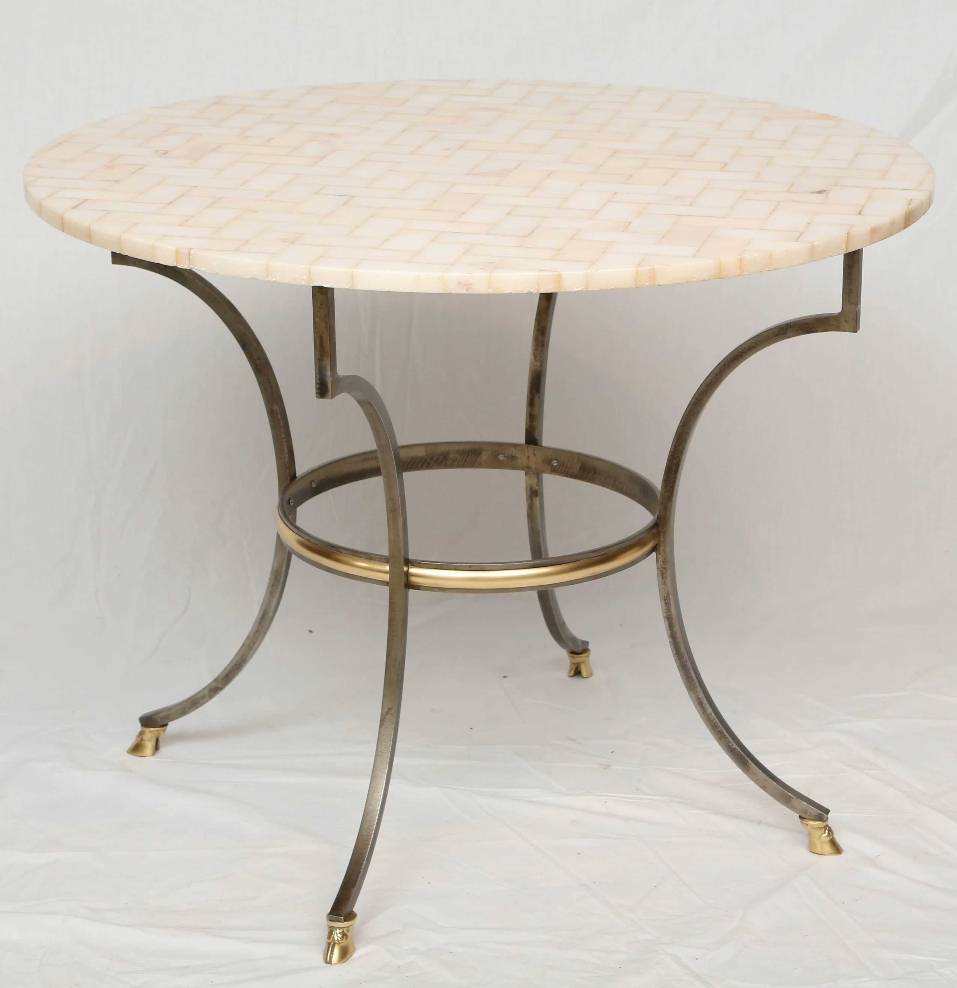 Mid-20th Century Steel and Brass Table with Basketweave Marble Top