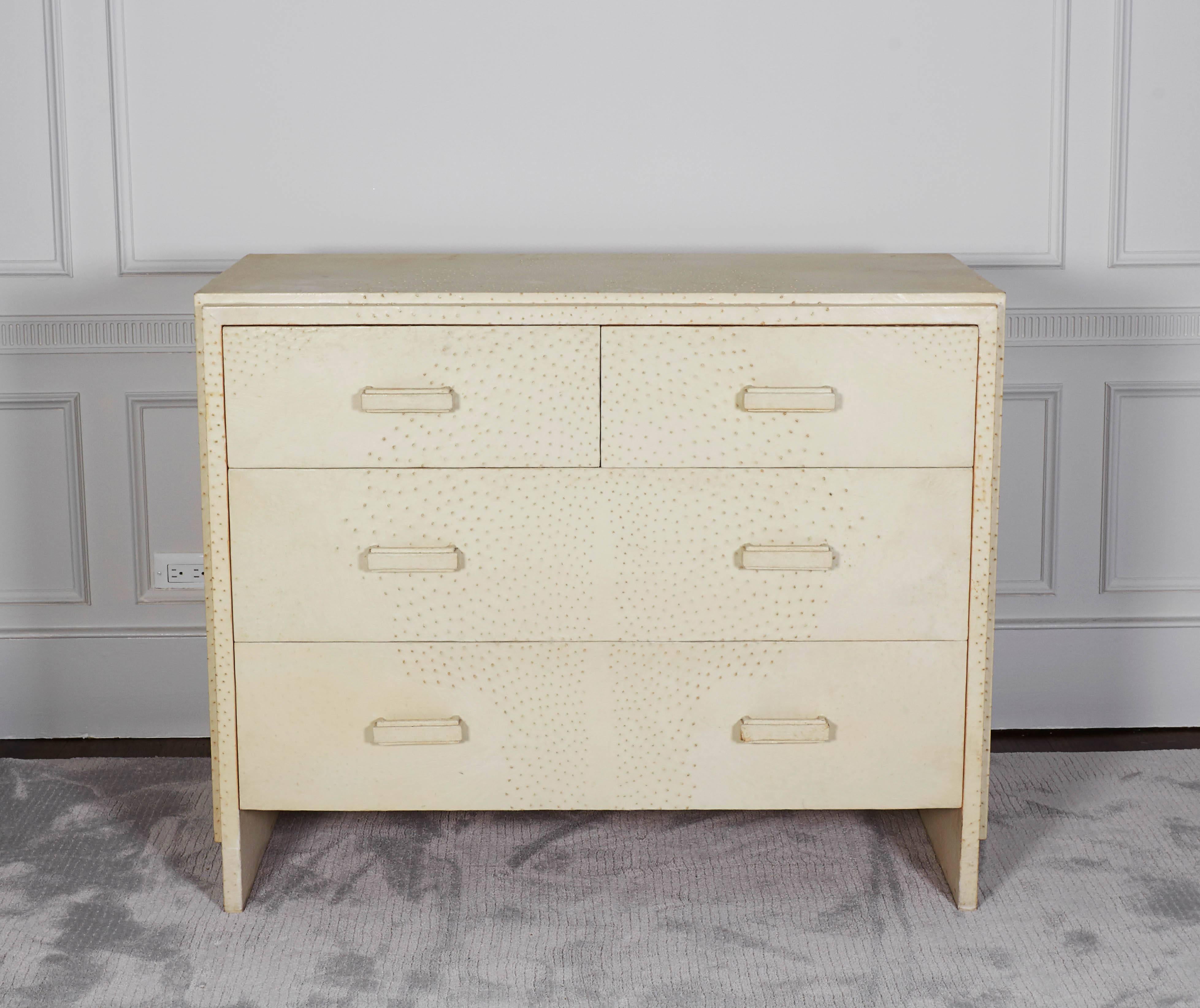 Elegant custom dresser made of cream colored ostrich skin. This unique piece was produced by R&Y Augousti with authentic ostrich skins.