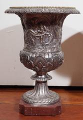 Pair of French Neoclassical Silver over Bronze Urns on Rouge Marble