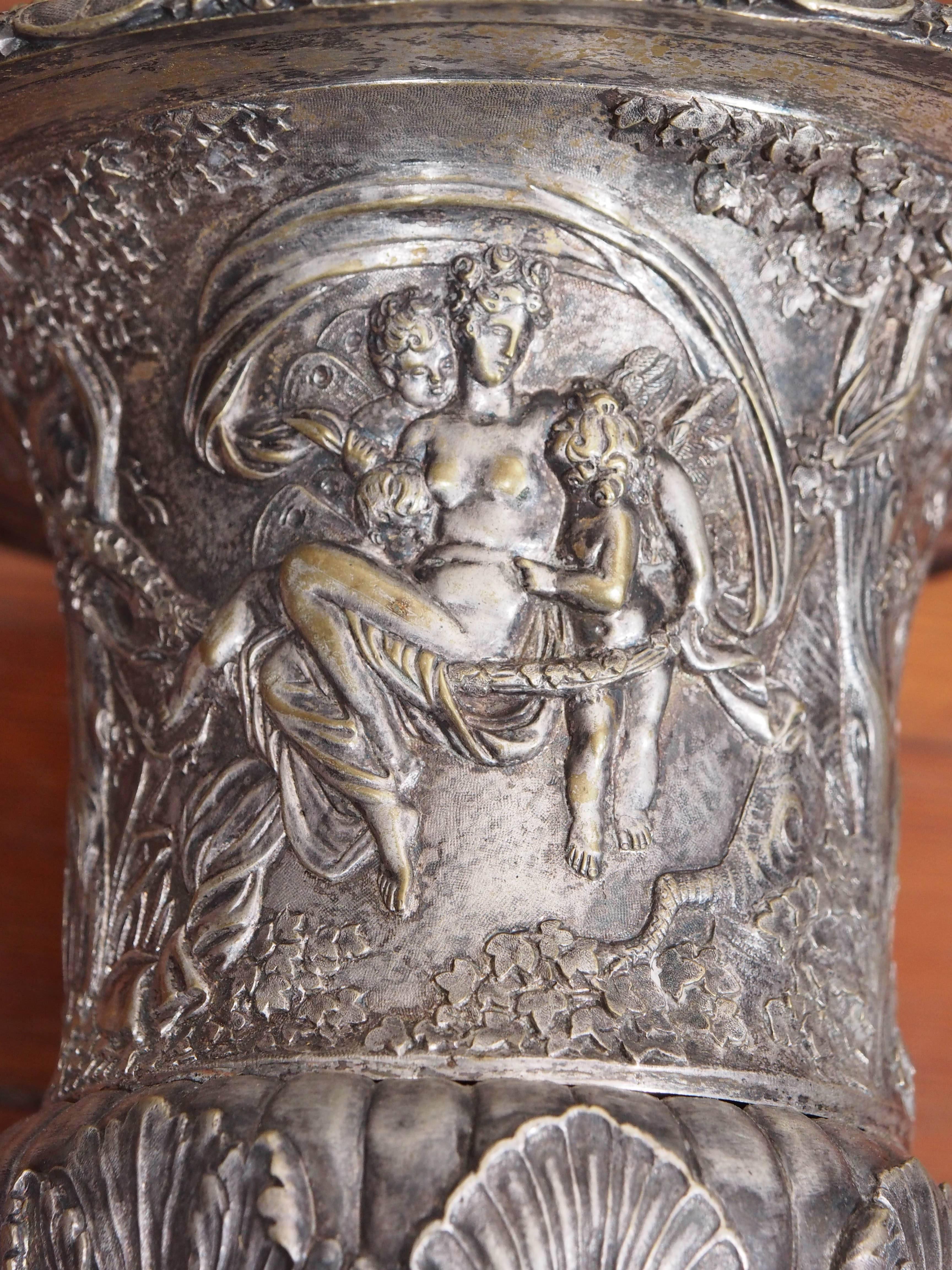 19th Century Pair of French Neoclassical Silver over Bronze Urns on Rouge Marble For Sale