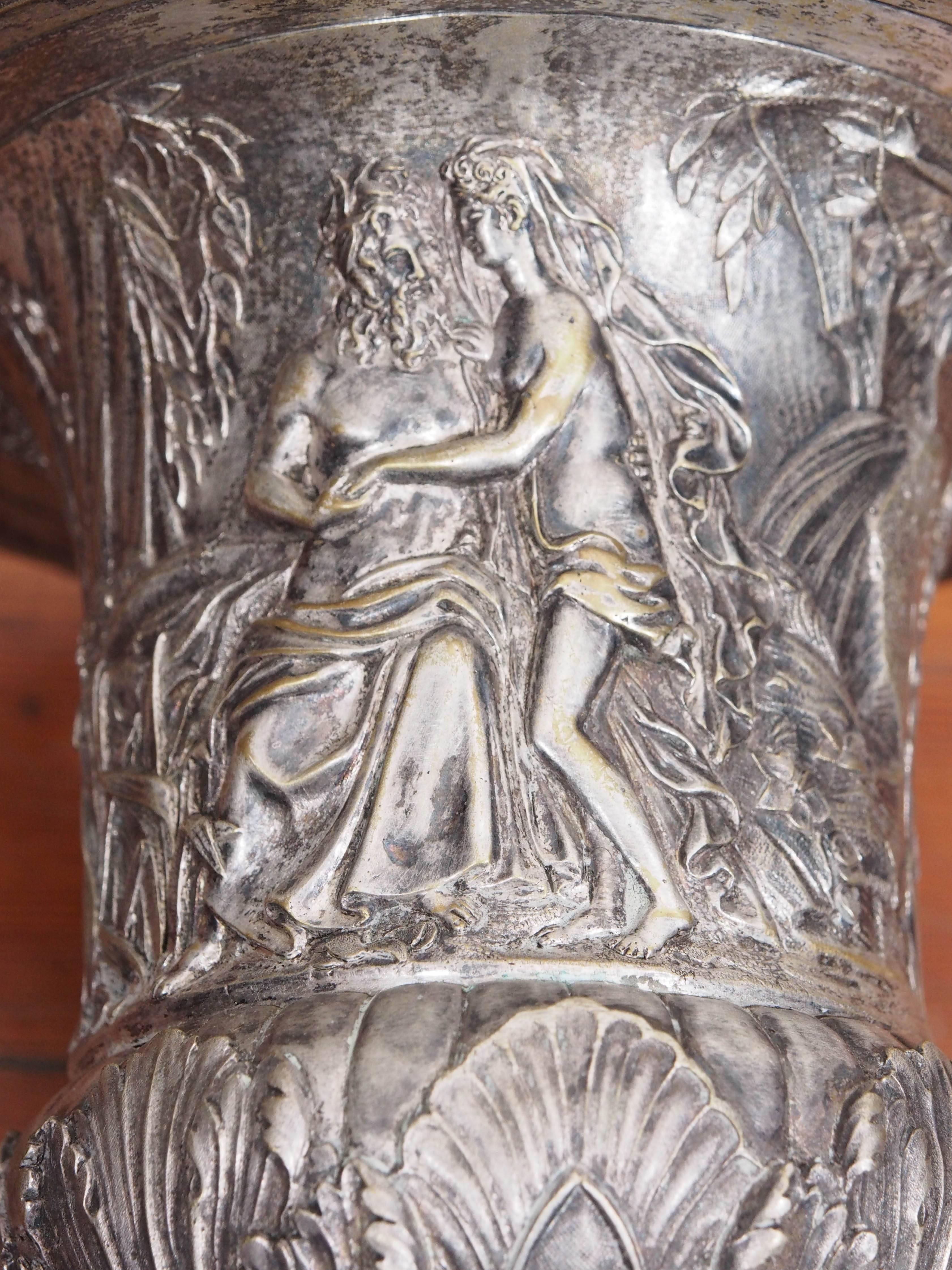 Pair of French Neoclassical Silver over Bronze Urns on Rouge Marble For Sale 1
